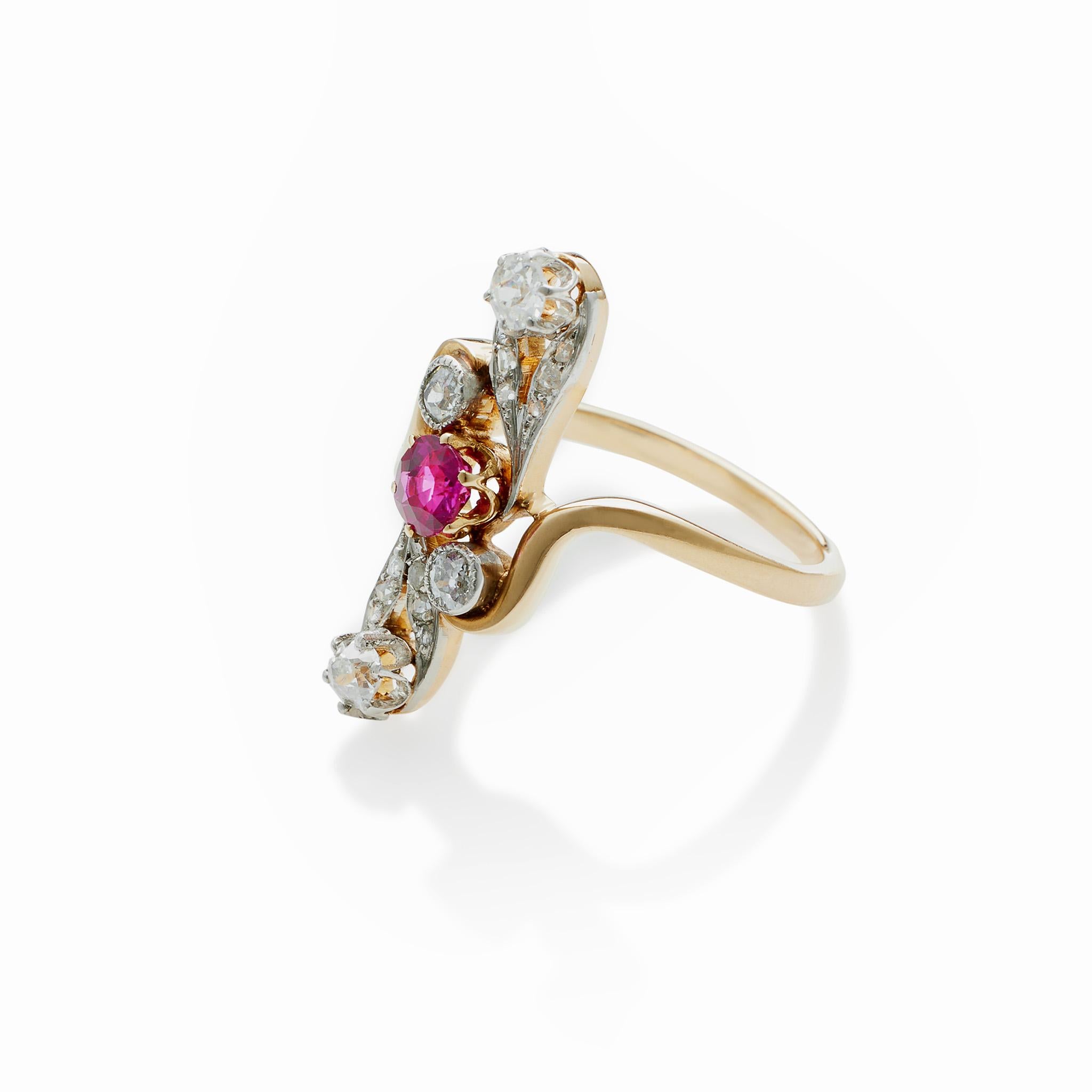 Round Cut French Ruby and Diamond Ring For Sale