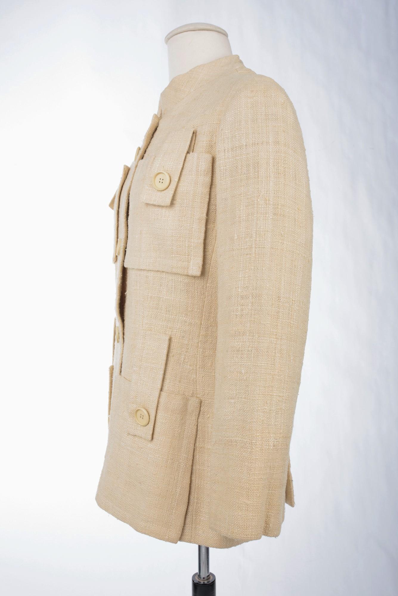  Französische Safari-Jacke aus beigem Leinen und Seide Toile in Beige, ca. 1968-1972 im Angebot 6