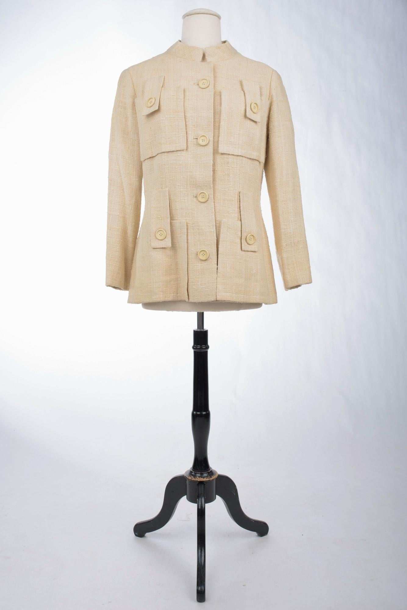  Französische Safari-Jacke aus beigem Leinen und Seide Toile in Beige, ca. 1968-1972 im Angebot 11
