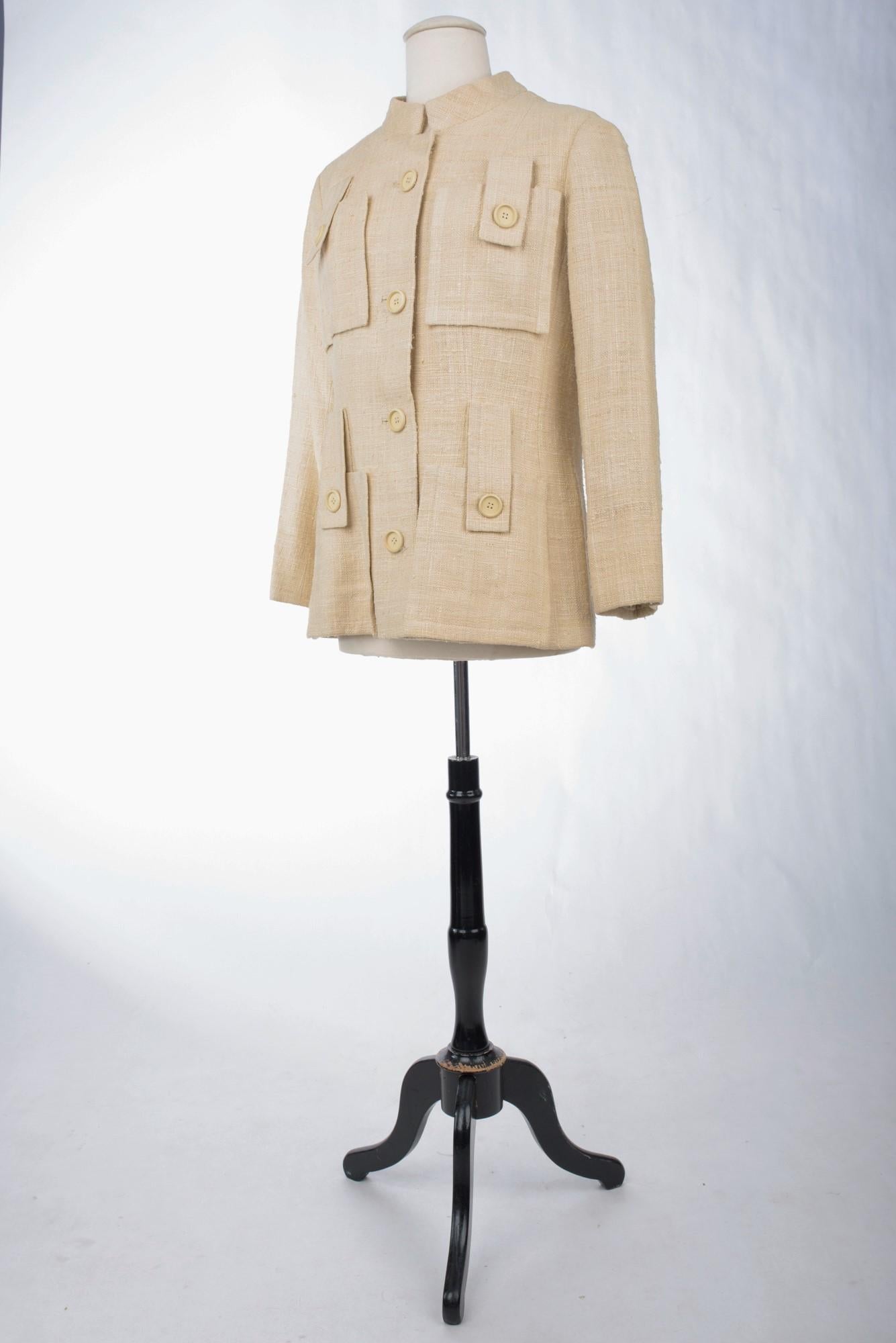  Französische Safari-Jacke aus beigem Leinen und Seide Toile in Beige, ca. 1968-1972 im Angebot 5