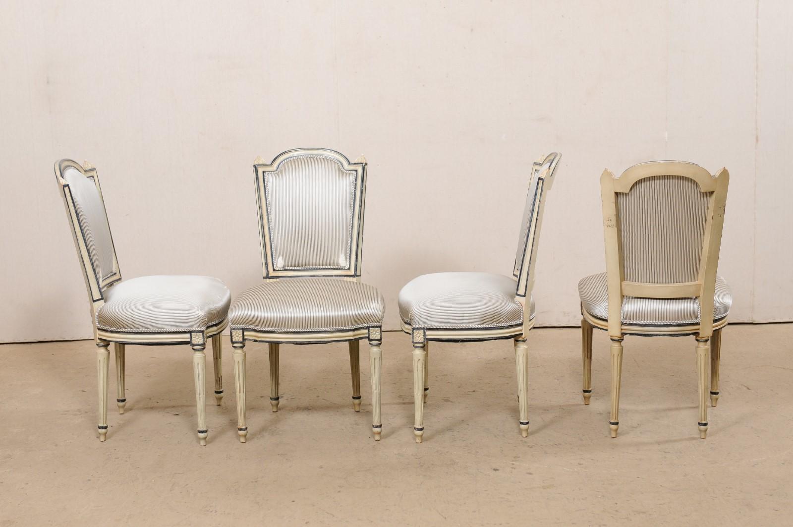 French Set of 4 Carved & Painted Wood & Upholstered Side Chairs, Mid 20th C For Sale 6
