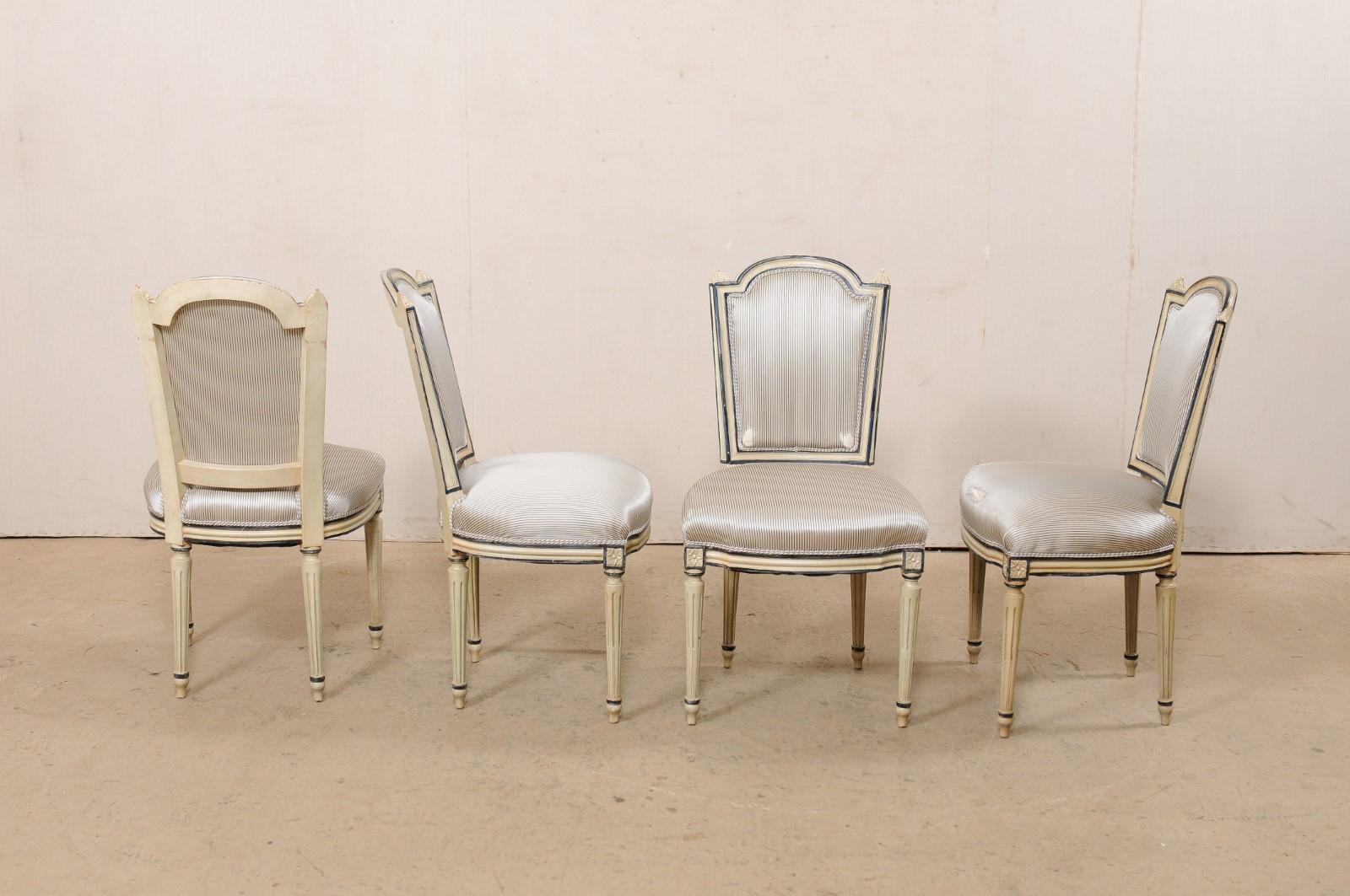 French Set of 4 Carved & Painted Wood & Upholstered Side Chairs, Mid 20th C In Good Condition For Sale In Atlanta, GA