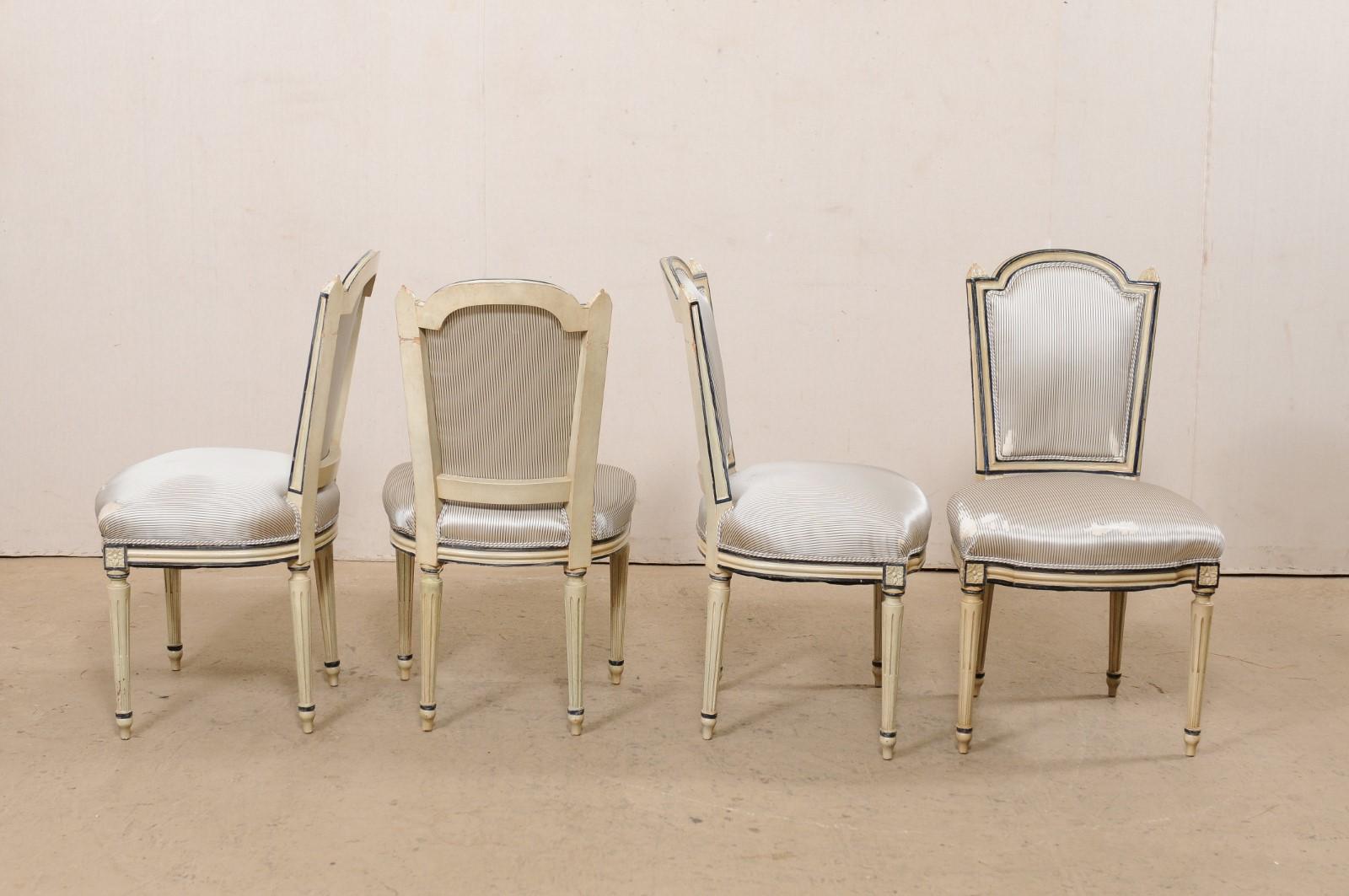 French Set of 4 Carved & Painted Wood & Upholstered Side Chairs, Mid 20th C For Sale 3