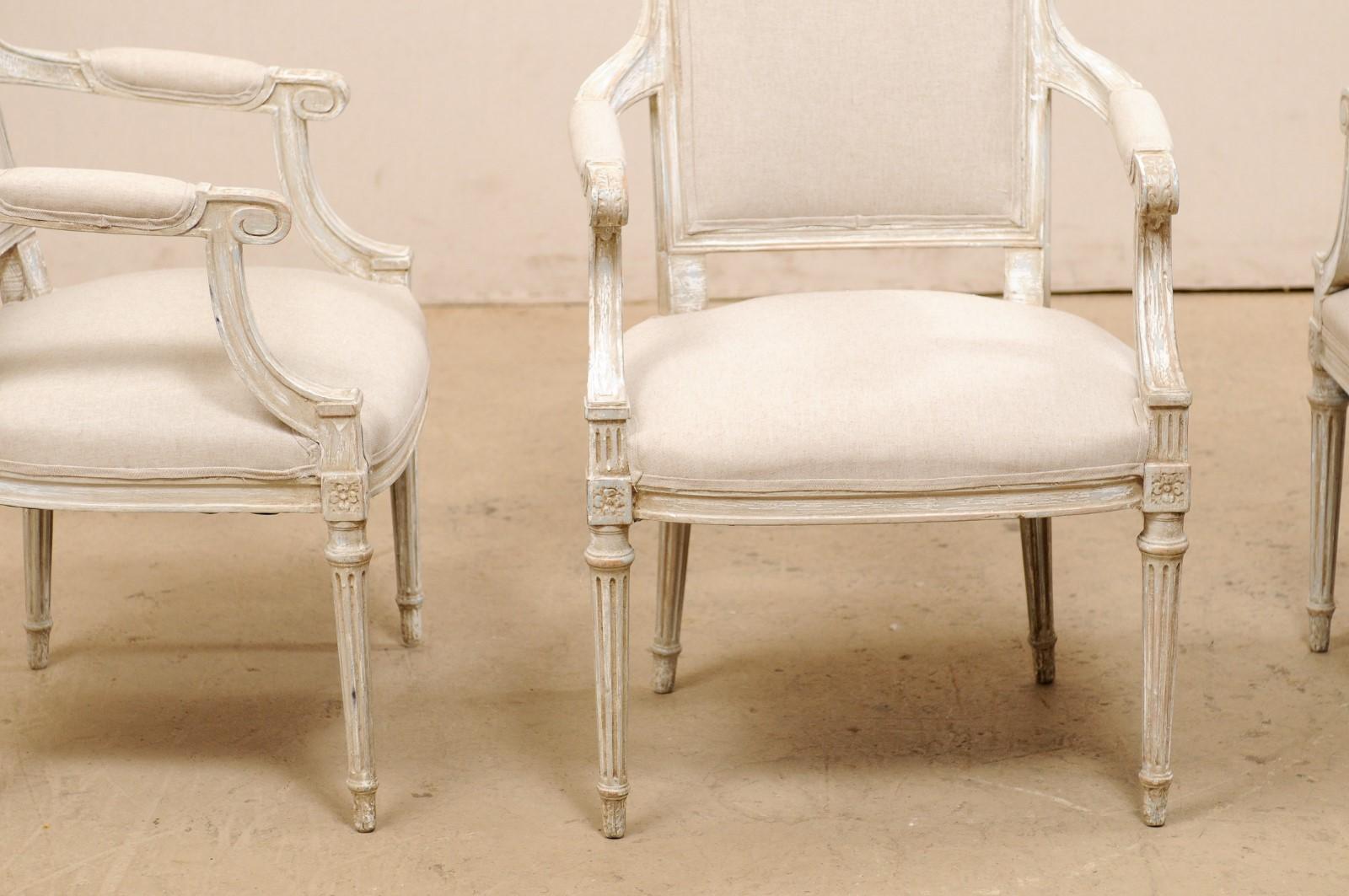 French Set of Four Carved Wood Armchairs with Newly Upholstered Seats and Backs 6