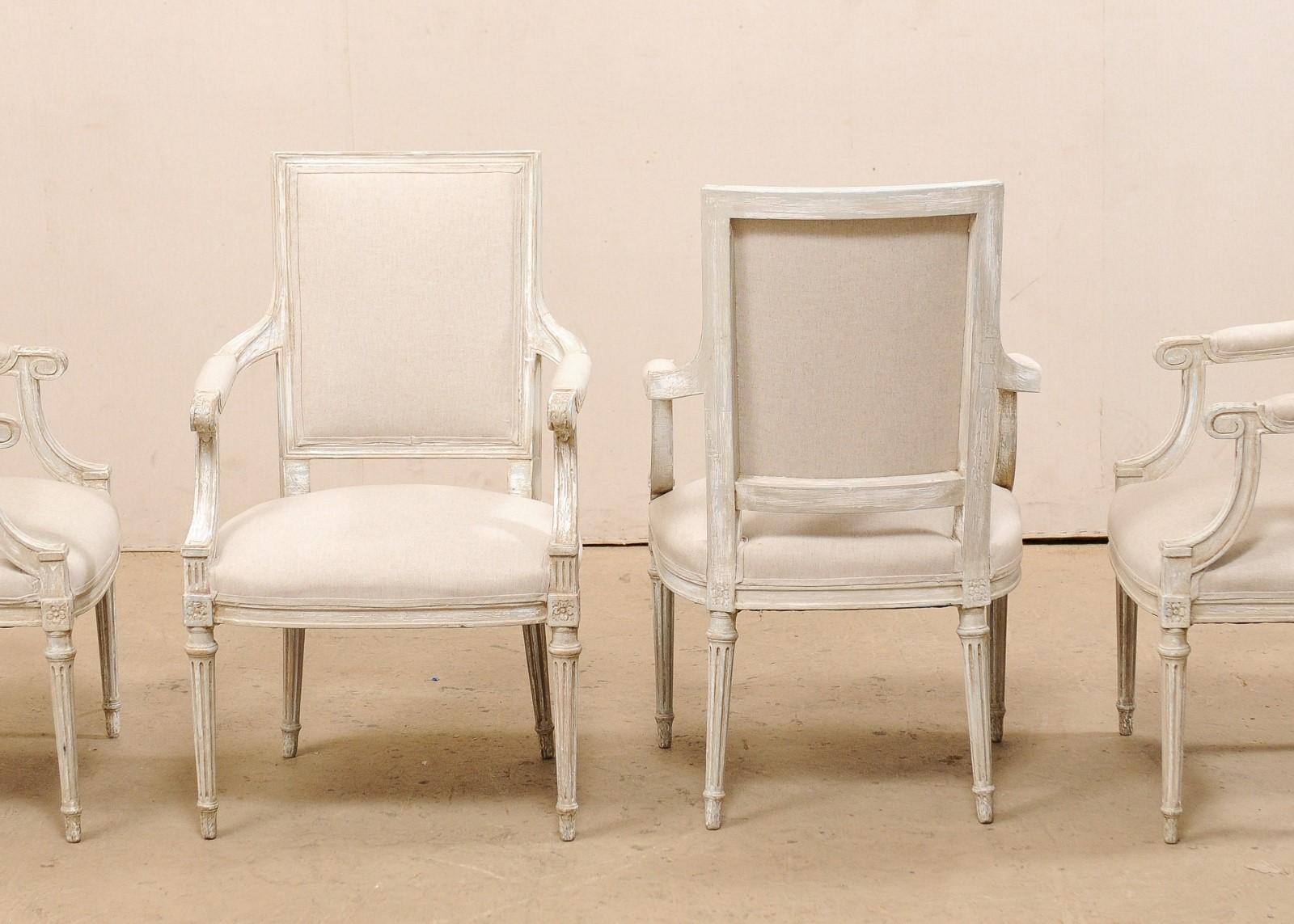 20th Century French Set of Four Carved Wood Armchairs with Newly Upholstered Seats and Backs