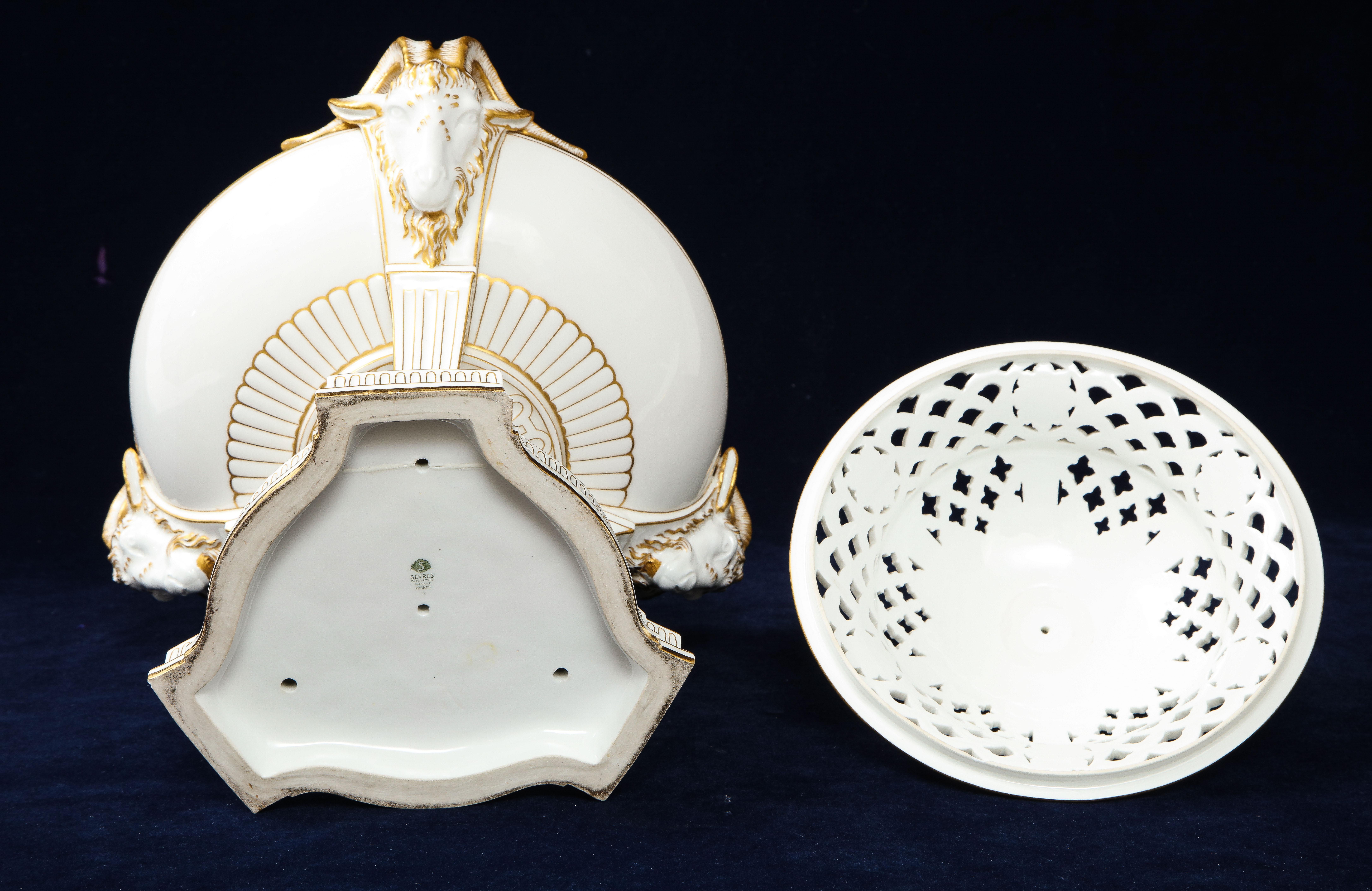 A French Sevres Porcelain Triple Rams Head Potpourri Covered Centerpiece For Sale 11