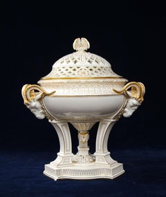 A French Sevres Porcelain Triple Rams Head Potpourri Covered Centerpiece