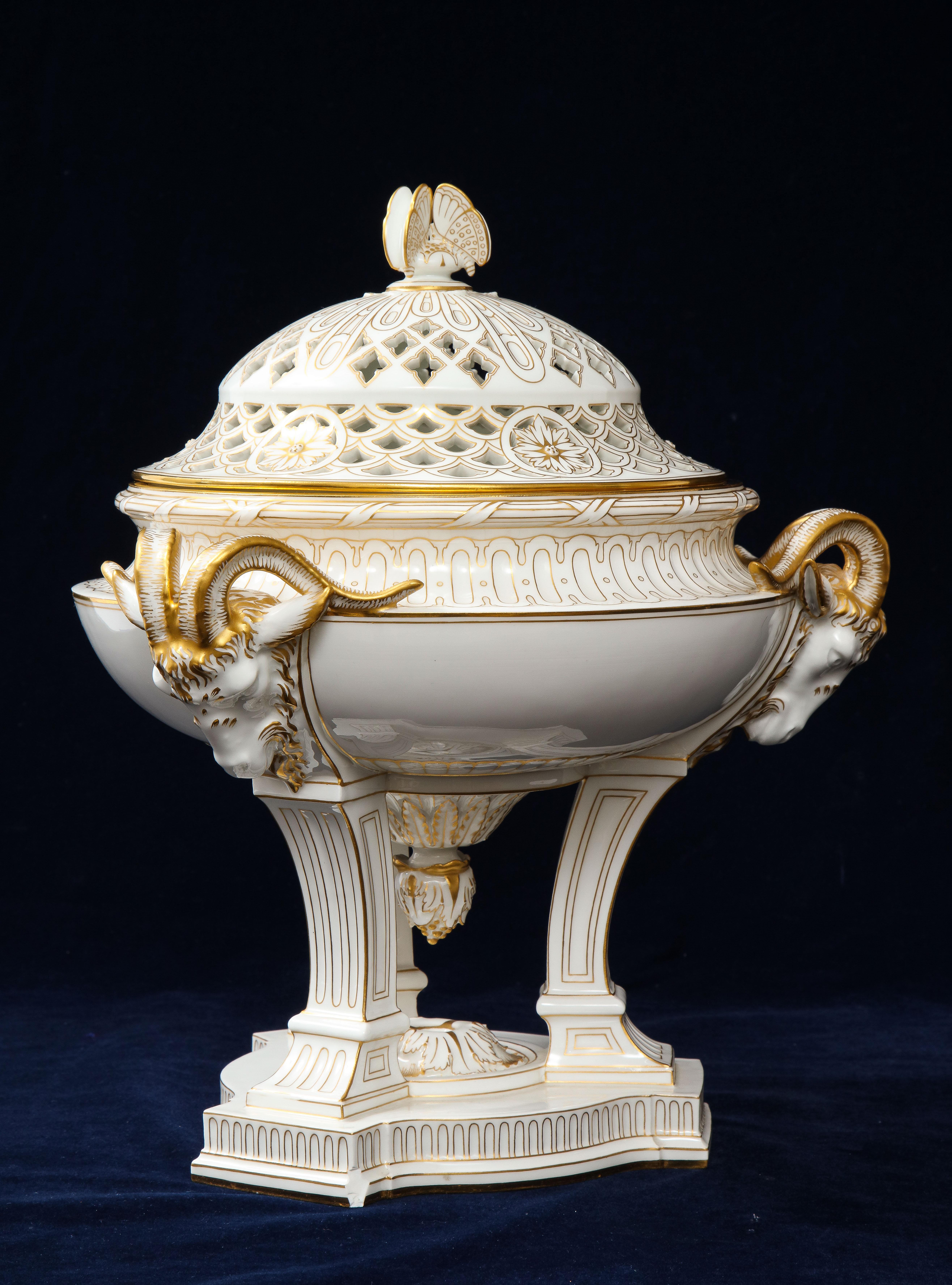 Art Deco A French Sevres Porcelain Triple Rams Head Potpourri Covered Centerpiece For Sale