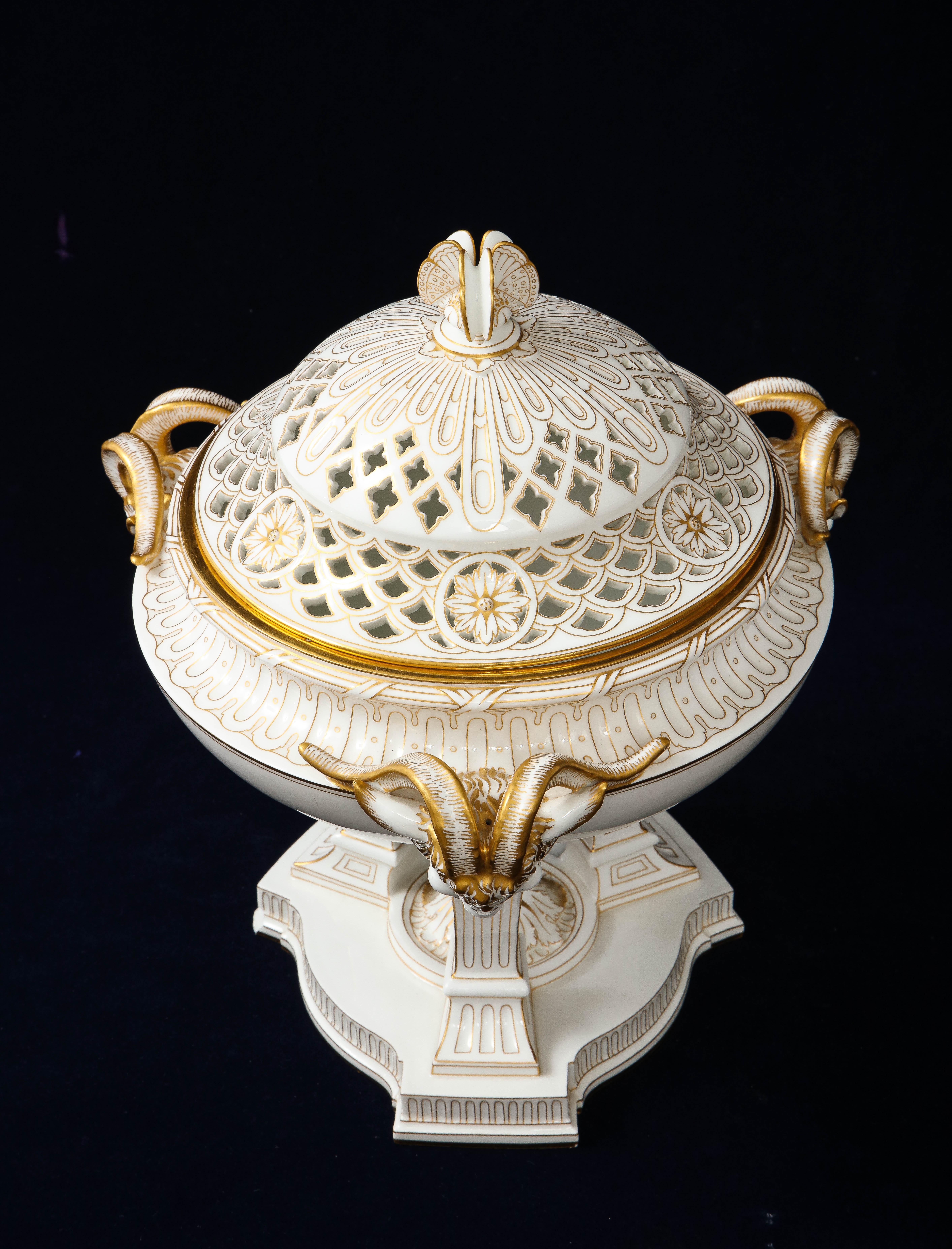 Gilt A French Sevres Porcelain Triple Rams Head Potpourri Covered Centerpiece For Sale