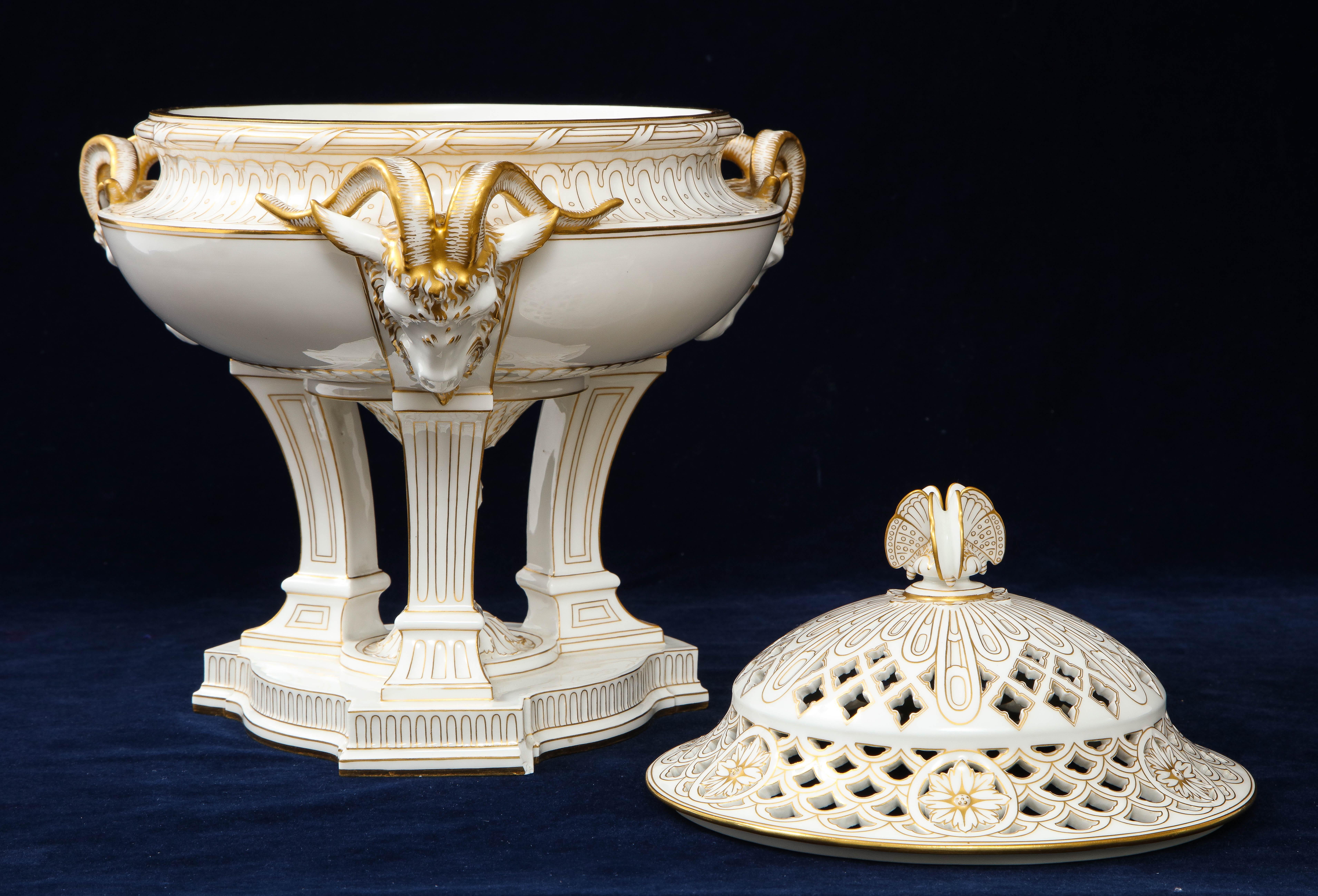 Mid-20th Century A French Sevres Porcelain Triple Rams Head Potpourri Covered Centerpiece For Sale