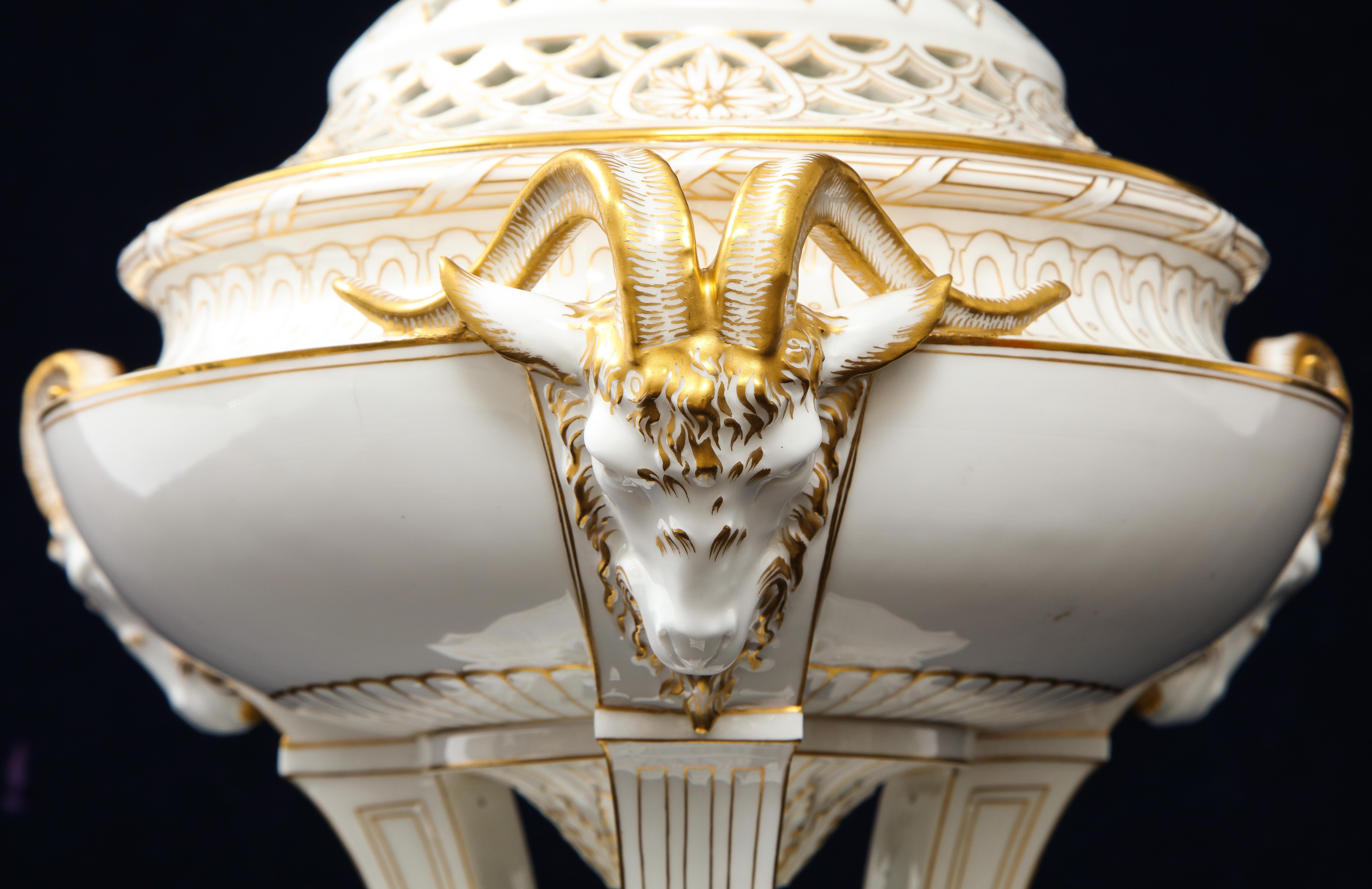 A French Sevres Porcelain Triple Rams Head Potpourri Covered Centerpiece For Sale 3