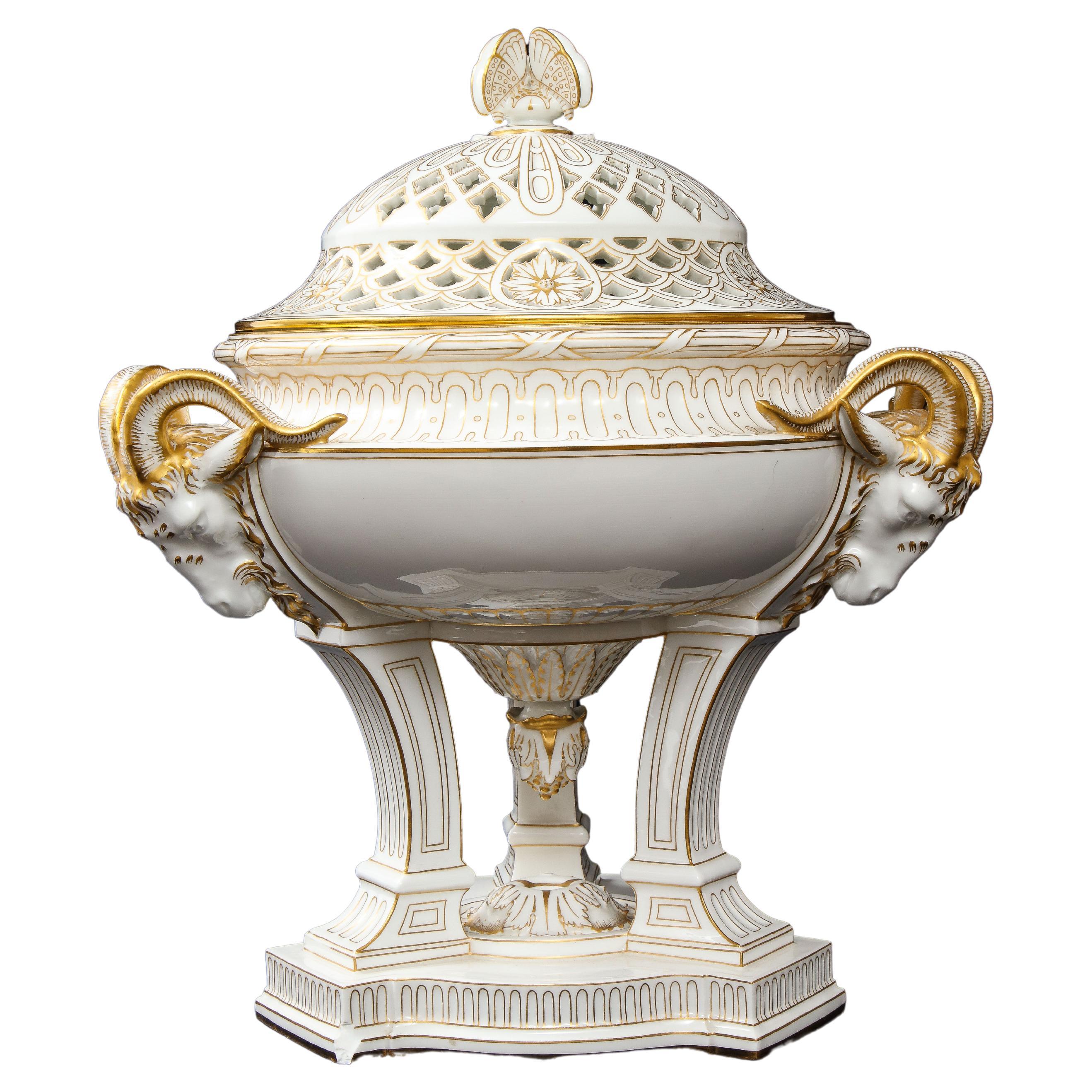 A French Sevres Porcelain Triple Rams Head Potpourri Covered Centerpiece For Sale
