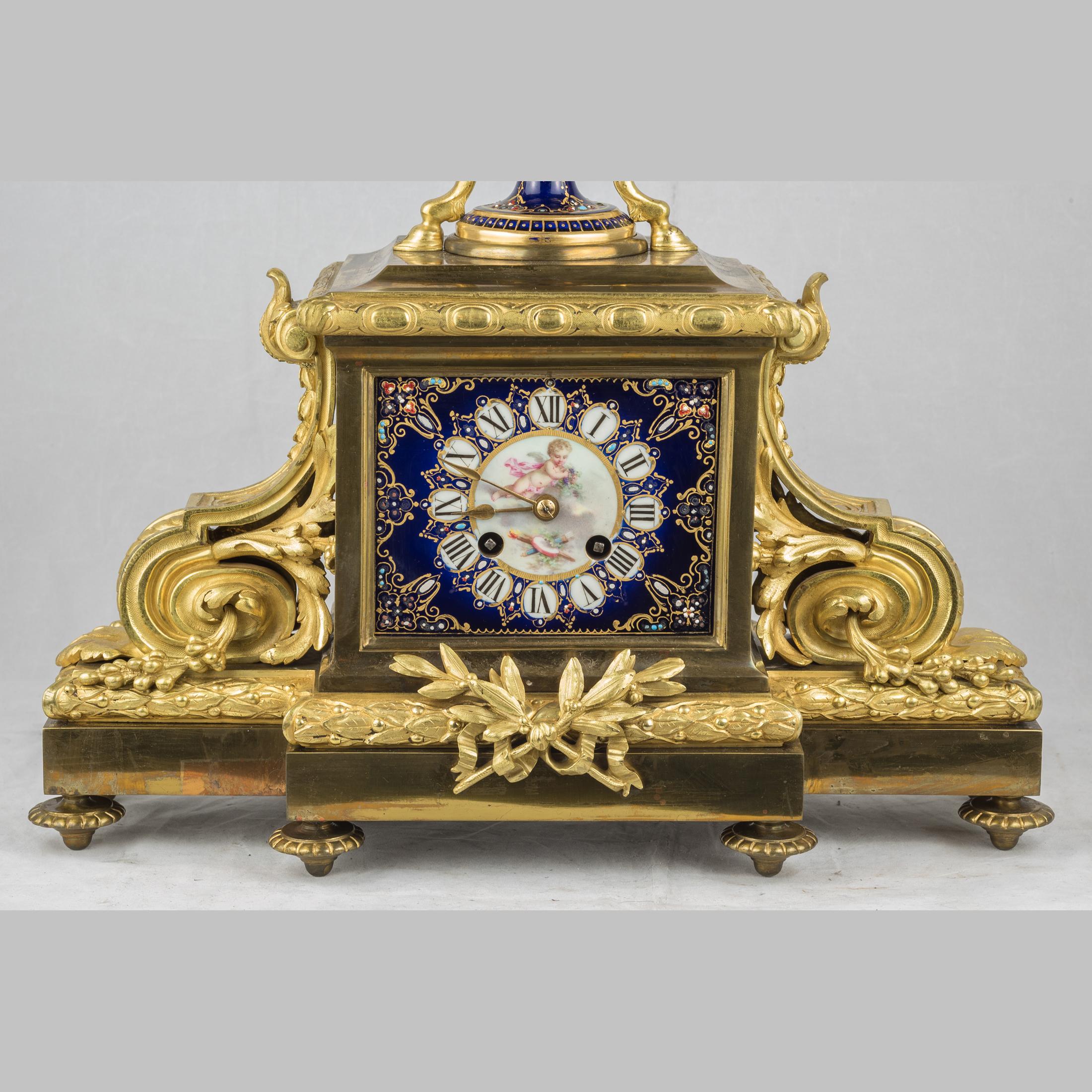 French Sèvres-style Gilt Bronze and Jeweled Porcelain Clock Set For Sale 6