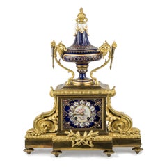 French Sèvres-style Gilt Bronze and Jeweled Porcelain Clock Set