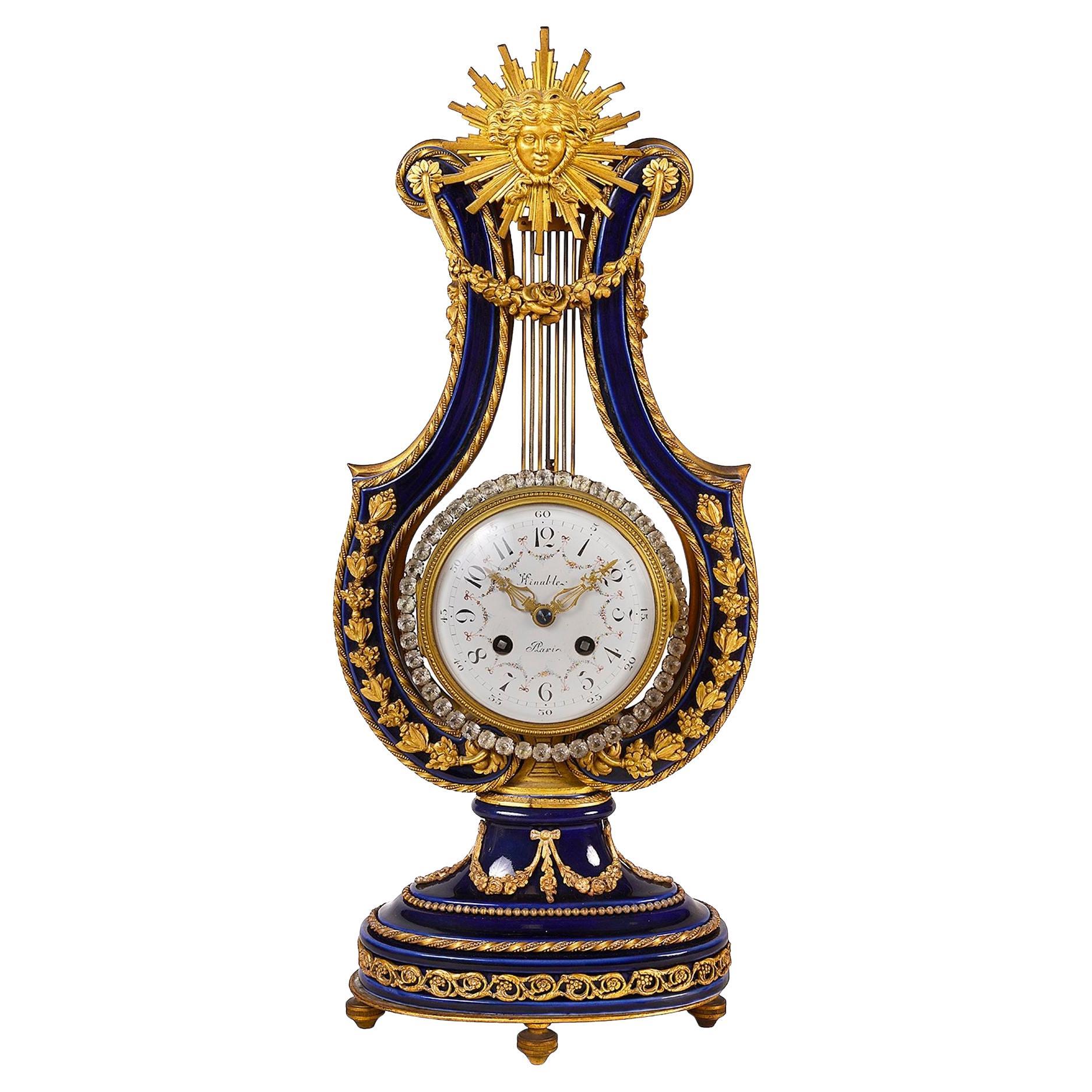 French Sevres Style Porcelain and Ormolu-Mounted Lyre Clock