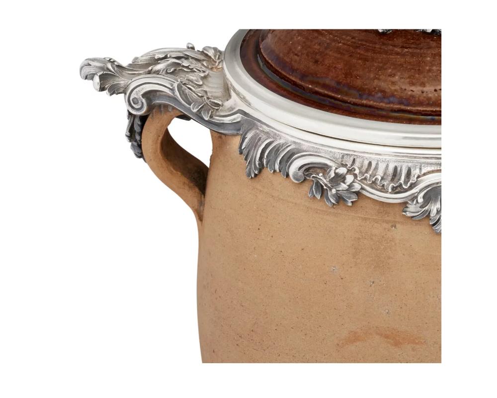 19th Century French Silver Mounted Two-Handled Earthenware Soup Crock Pot, Mark of Boin-Tab