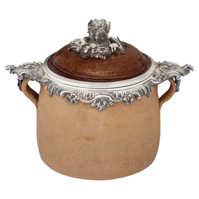 French Silver Mounted Two-Handled Earthenware Soup Crock Pot, Mark of Boin-Tab