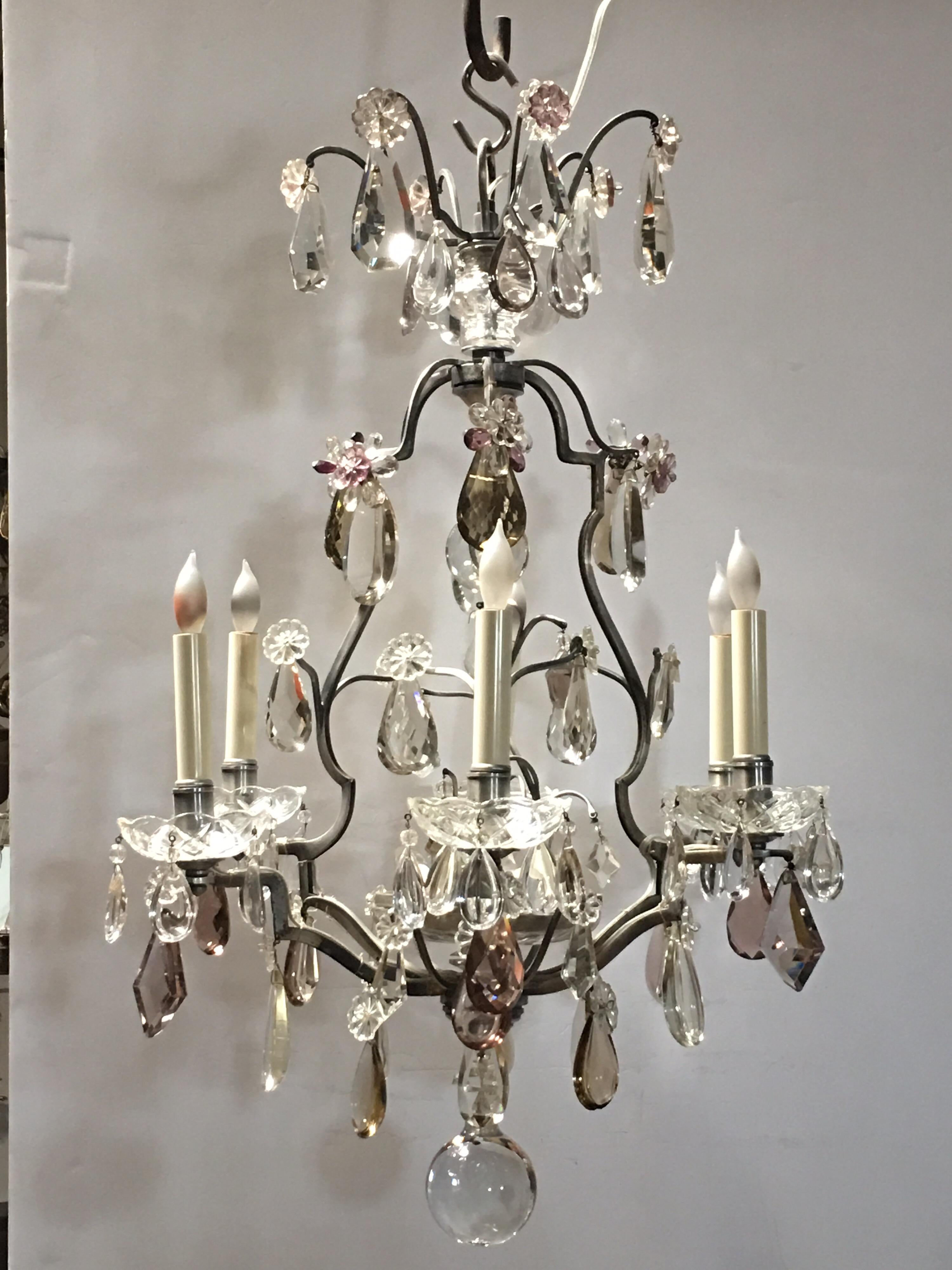 Cast A French Silvered Bronze and Crystal Chandelier For Sale