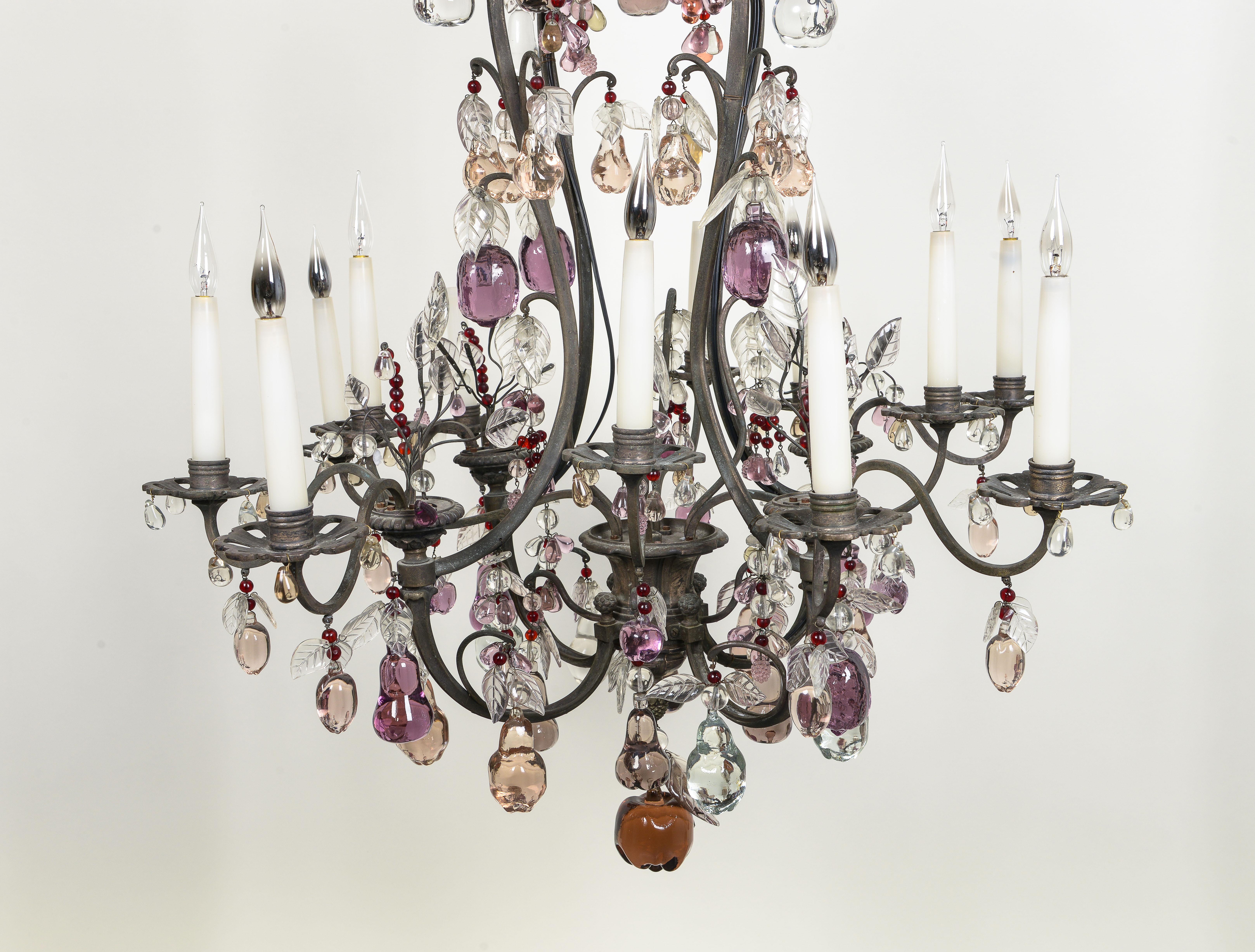 Louis XV French Silvered-Bronze and Crystal Fruit Twelve-Light Chandelier For Sale