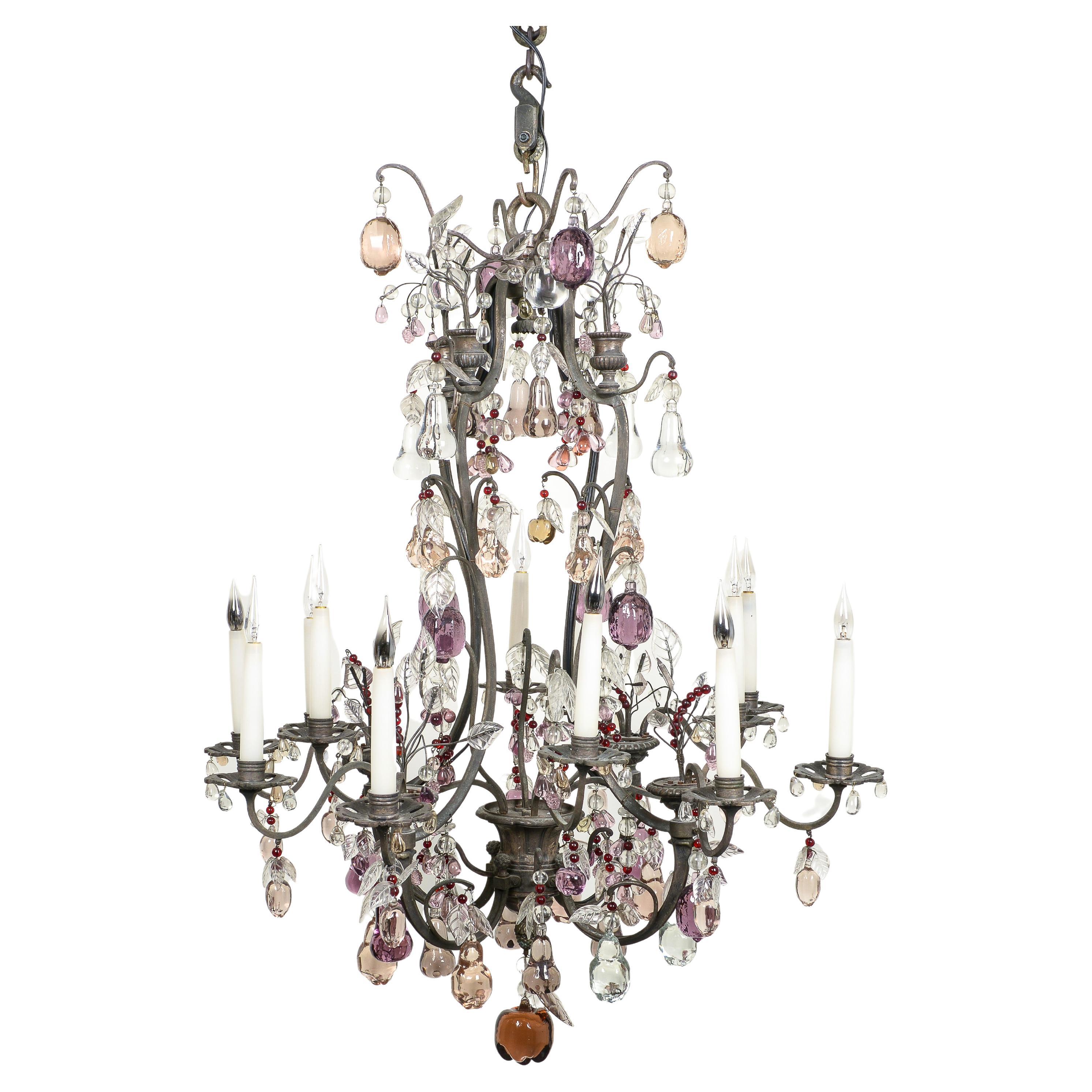 French Silvered-Bronze and Crystal Fruit Twelve-Light Chandelier For Sale