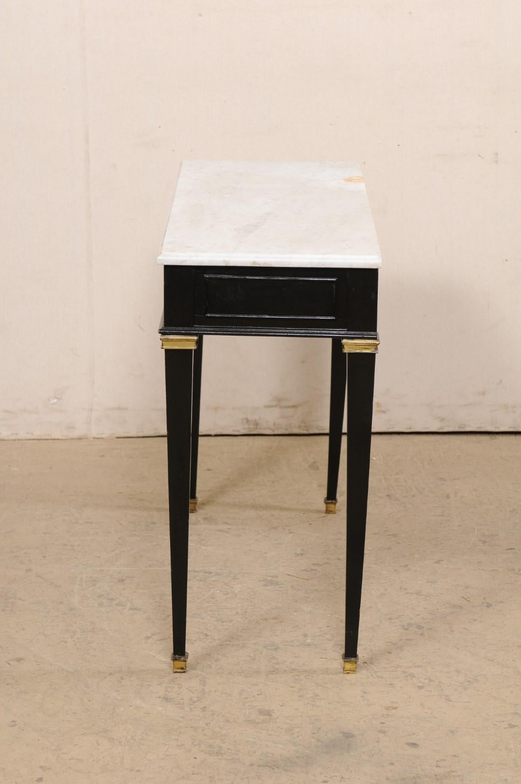 French Slender Black Console Table w/Marble Top & Brass Accents For Sale 3