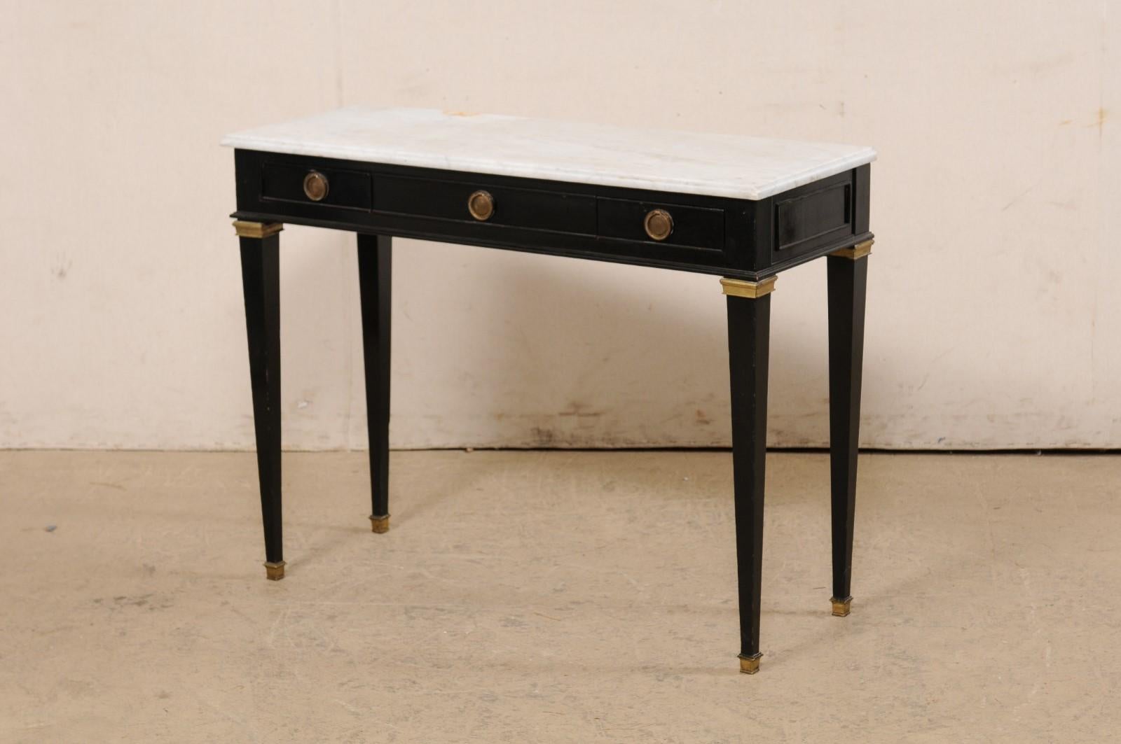 French Slender Black Console Table w/Marble Top & Brass Accents For Sale 4