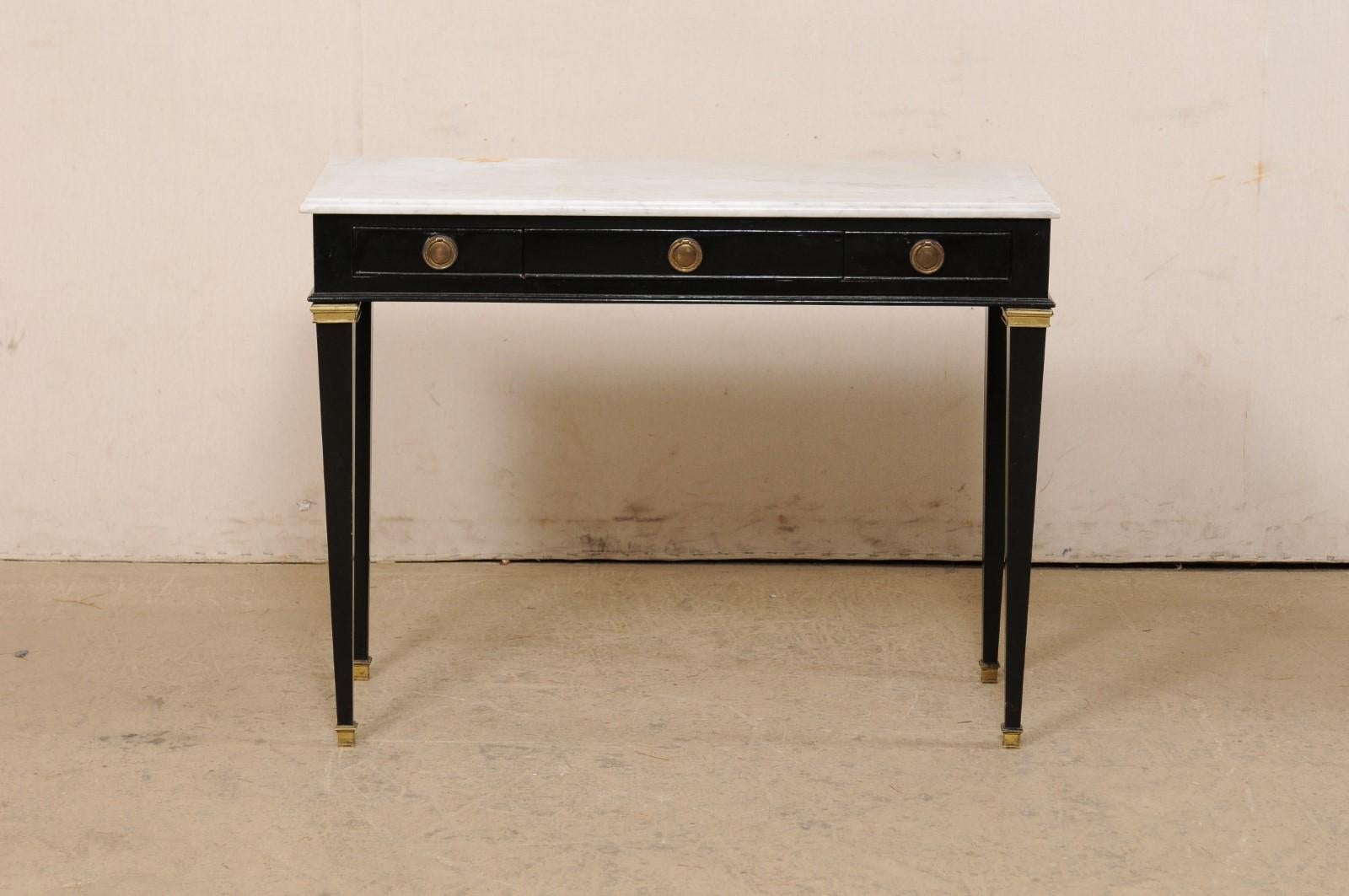 French Slender Black Console Table w/Marble Top & Brass Accents For Sale 5