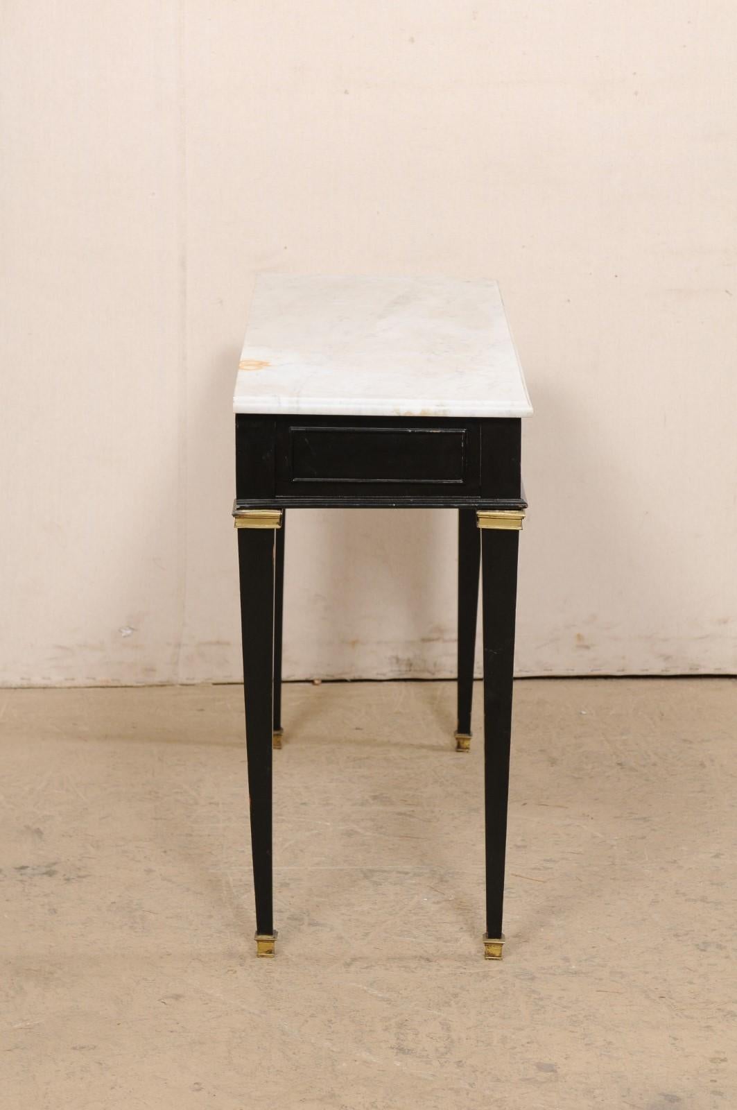French Slender Black Console Table w/Marble Top & Brass Accents In Good Condition For Sale In Atlanta, GA
