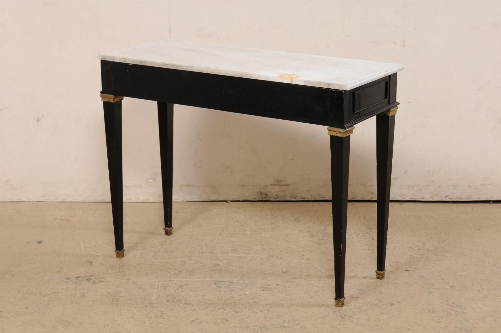 20th Century French Slender Black Console Table w/Marble Top & Brass Accents For Sale