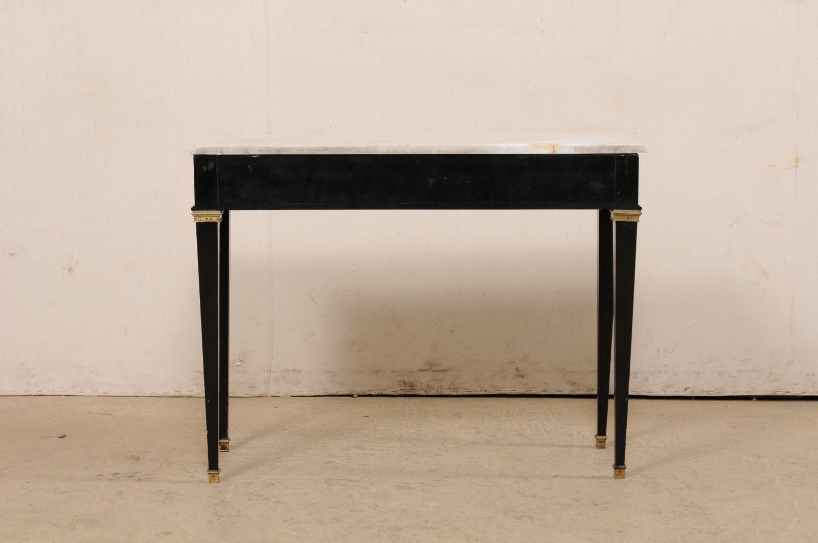 French Slender Black Console Table w/Marble Top & Brass Accents For Sale 1