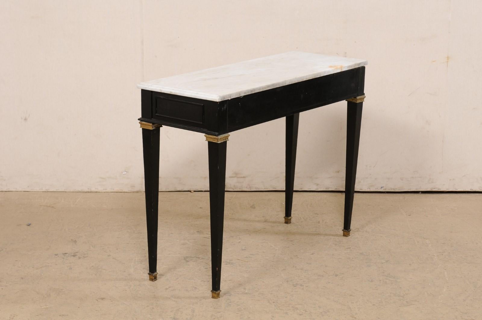 French Slender Black Console Table w/Marble Top & Brass Accents For Sale 2