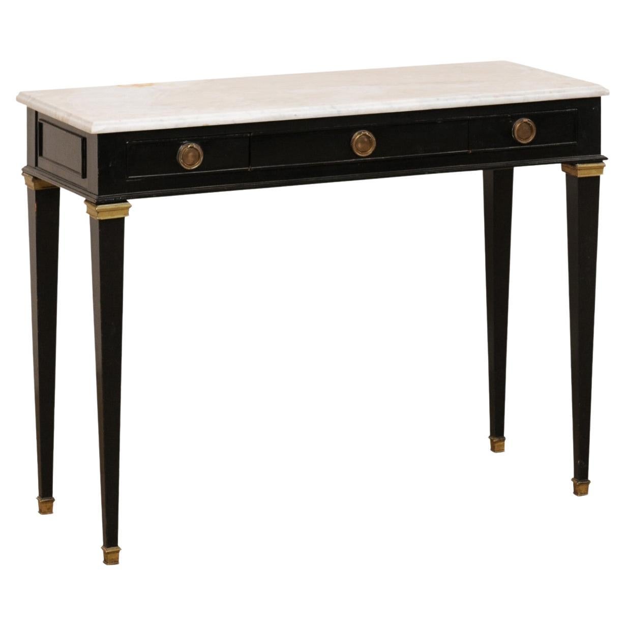 French Slender Black Console Table w/Marble Top & Brass Accents For Sale