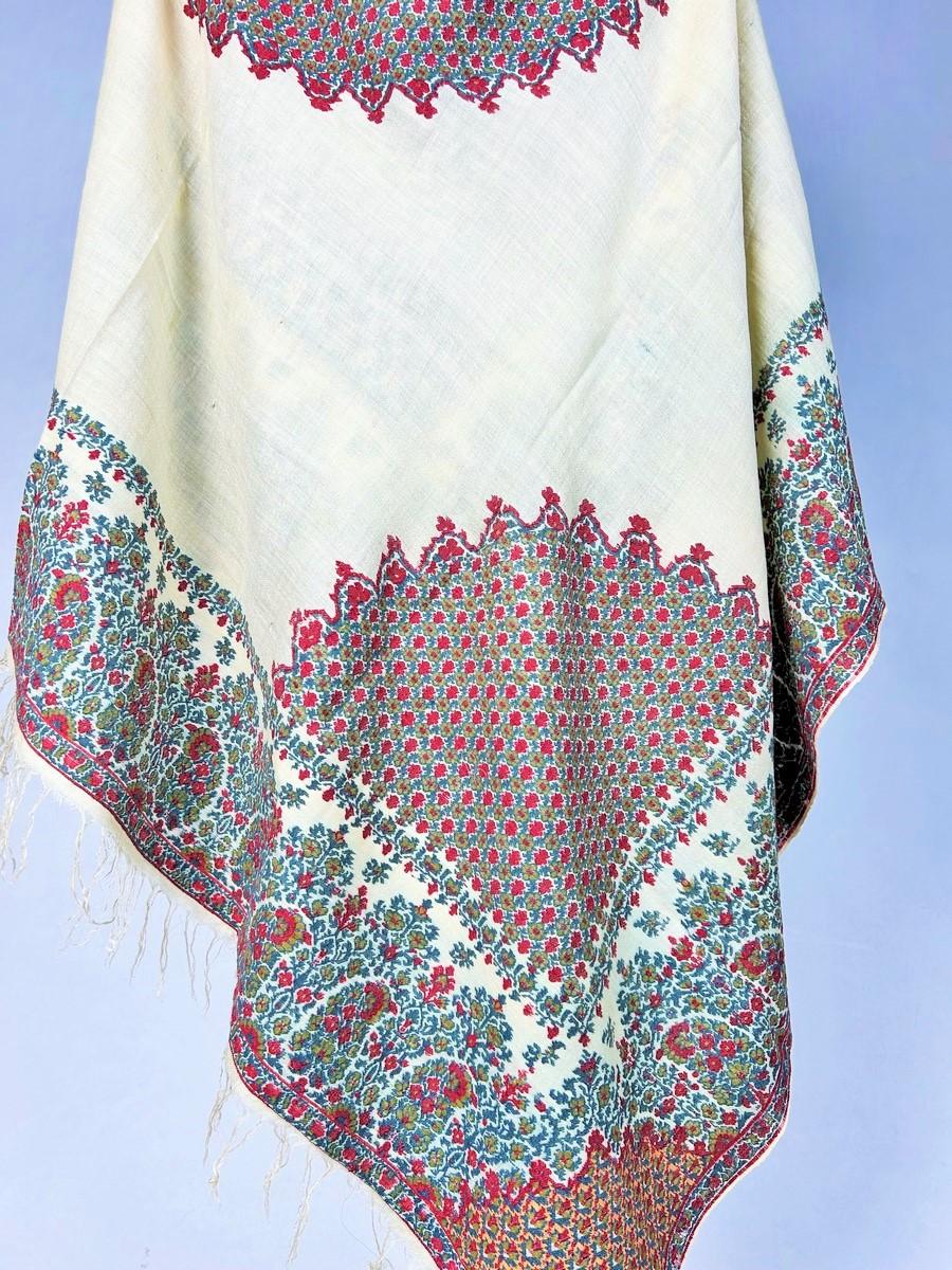 Circa 1820/1840
France

Rare French cashmere shawl woven on a silk and wool drawloom called Moon Shawl and dating from the Romantic period. A square shawl with a cream background, intended for the elegant ladies of the Restoration and often in a