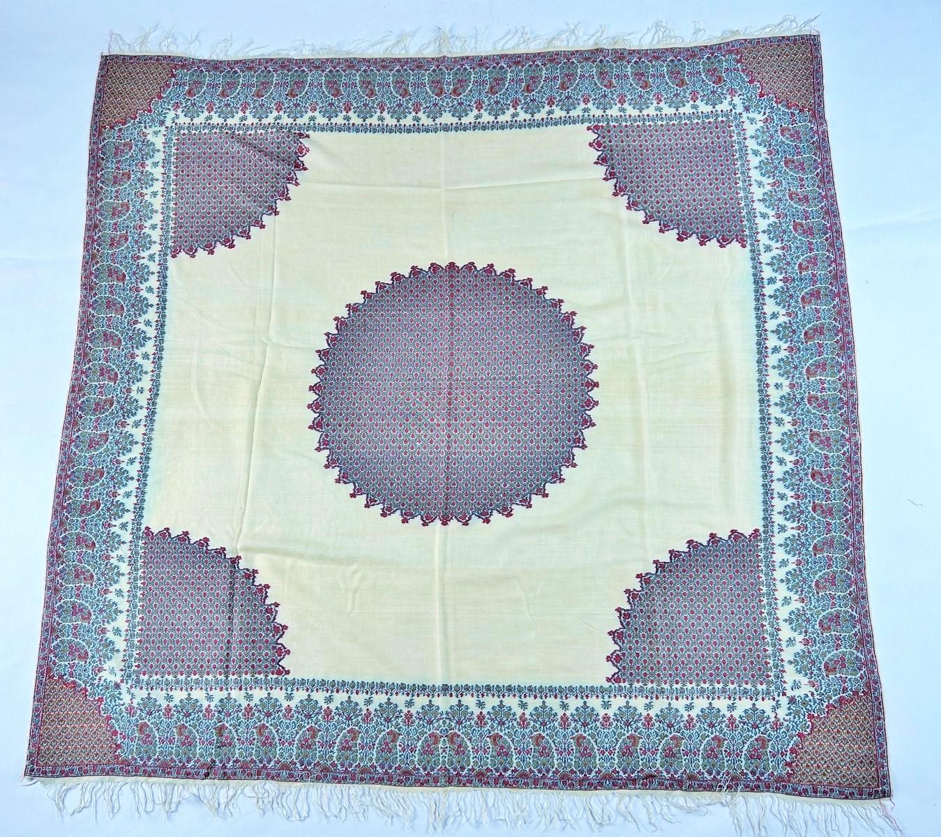 Gray A french squared Paisley Moon Shawl woven silk and wool Circa 1830