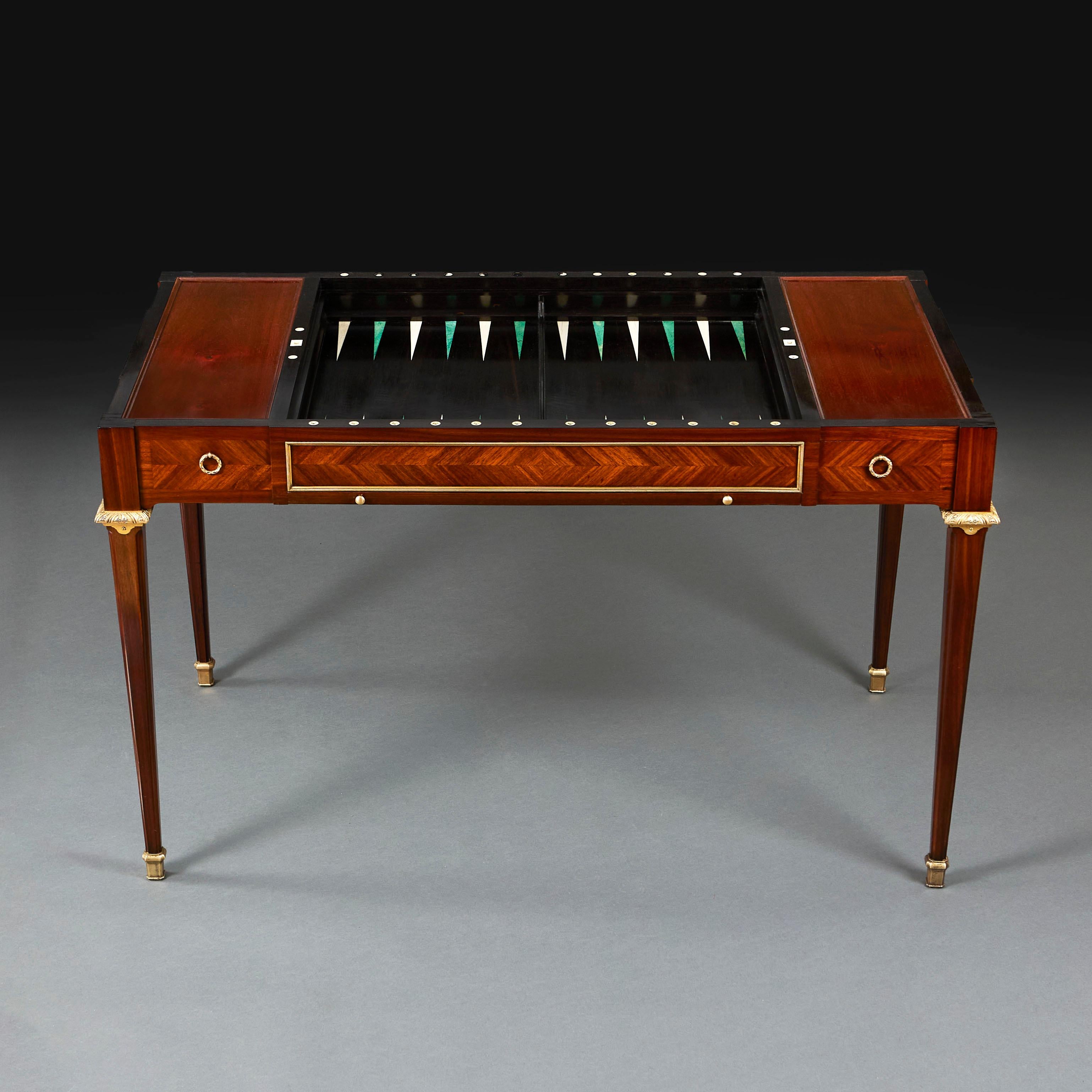 France, circa 1880

Stamped: L. CUENIERES Jne EBENISTE, recorded as having worked in Paris at 10, Rue Ville-Lardouin after 1870.

A fine nineteenth century mahogany tric trac table, with chessboard mounted underneath the ebonised playing surface,
