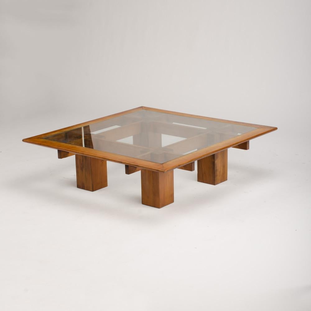 European A French Sycamore Coffee Table with Glass Top, circa 1940s For Sale