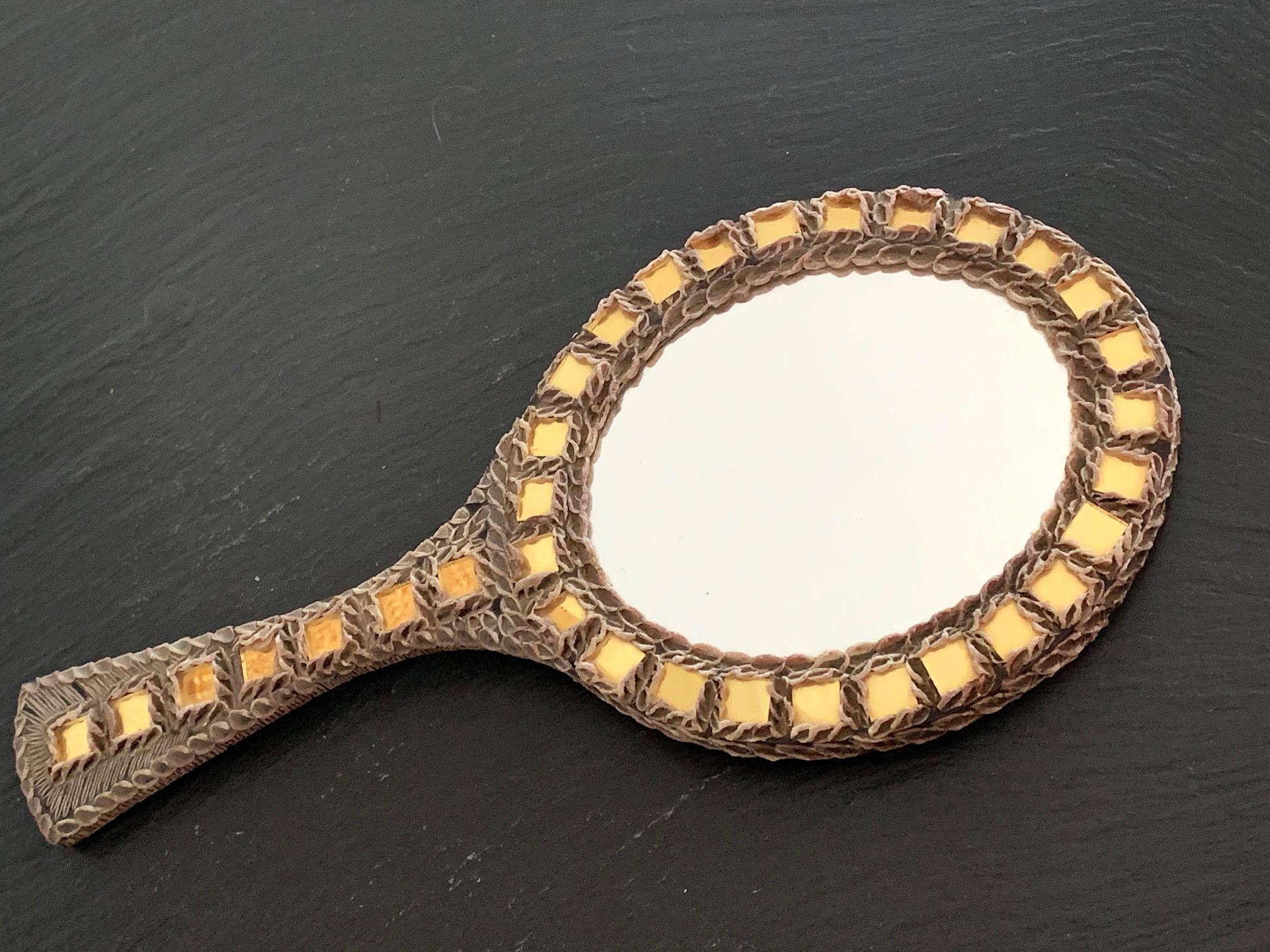 A French Talosel Hand Mirror with Glass Inlay by Line Vautrin For Sale 3