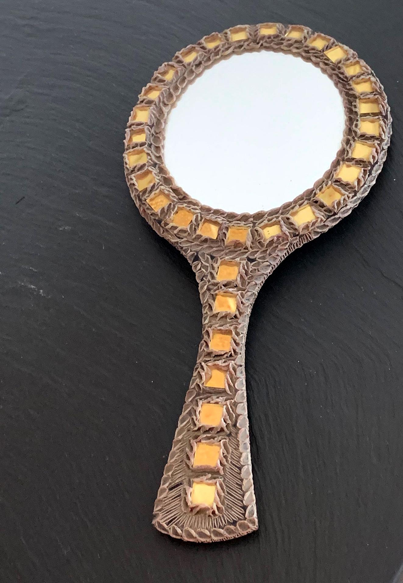 Mid-Century moderno Specchio a mano francese Talosel con intarsi in vetro di Line Vautrin in vendita