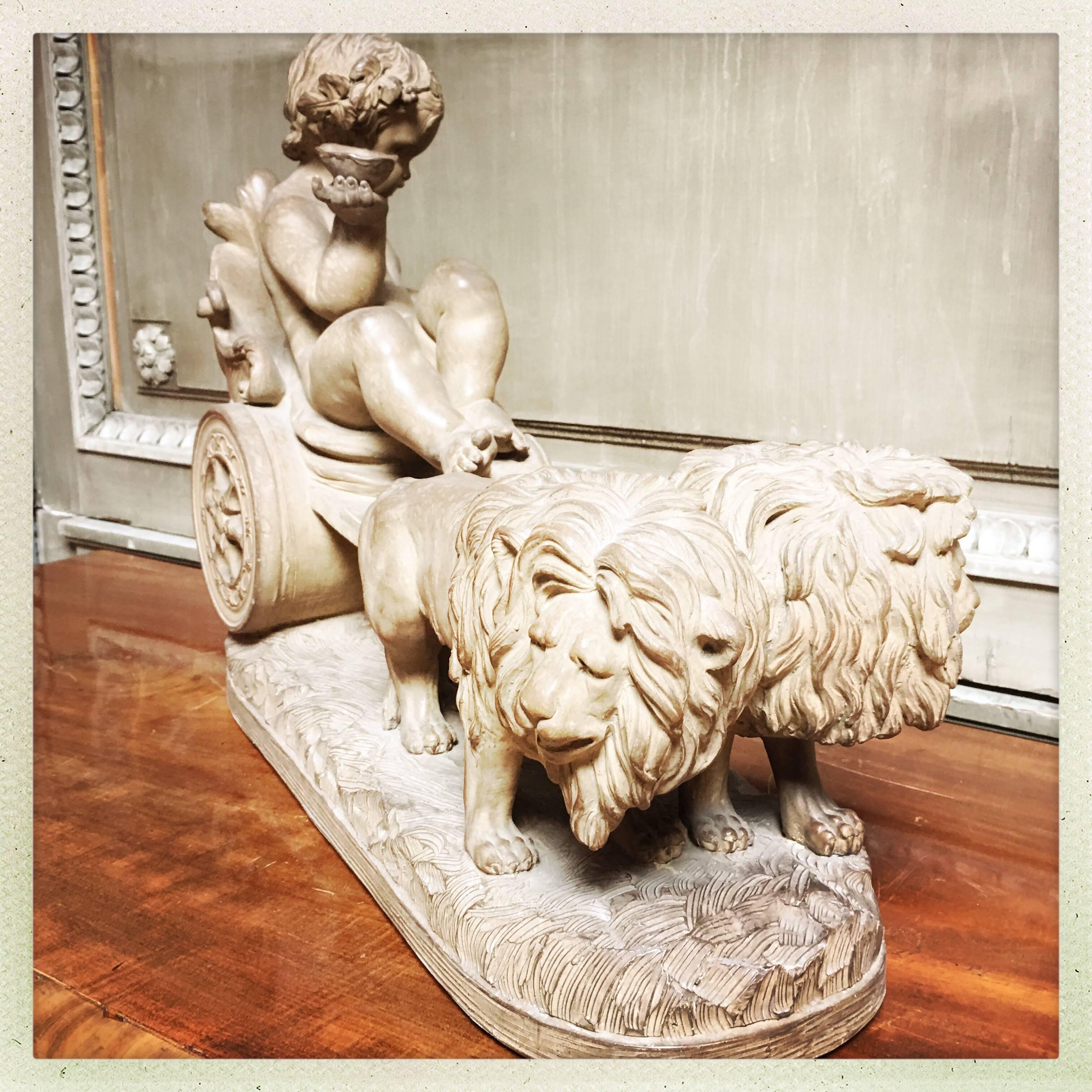 Neoclassical French Terracotta Bachanal Figure in Lion Drawn Chariot