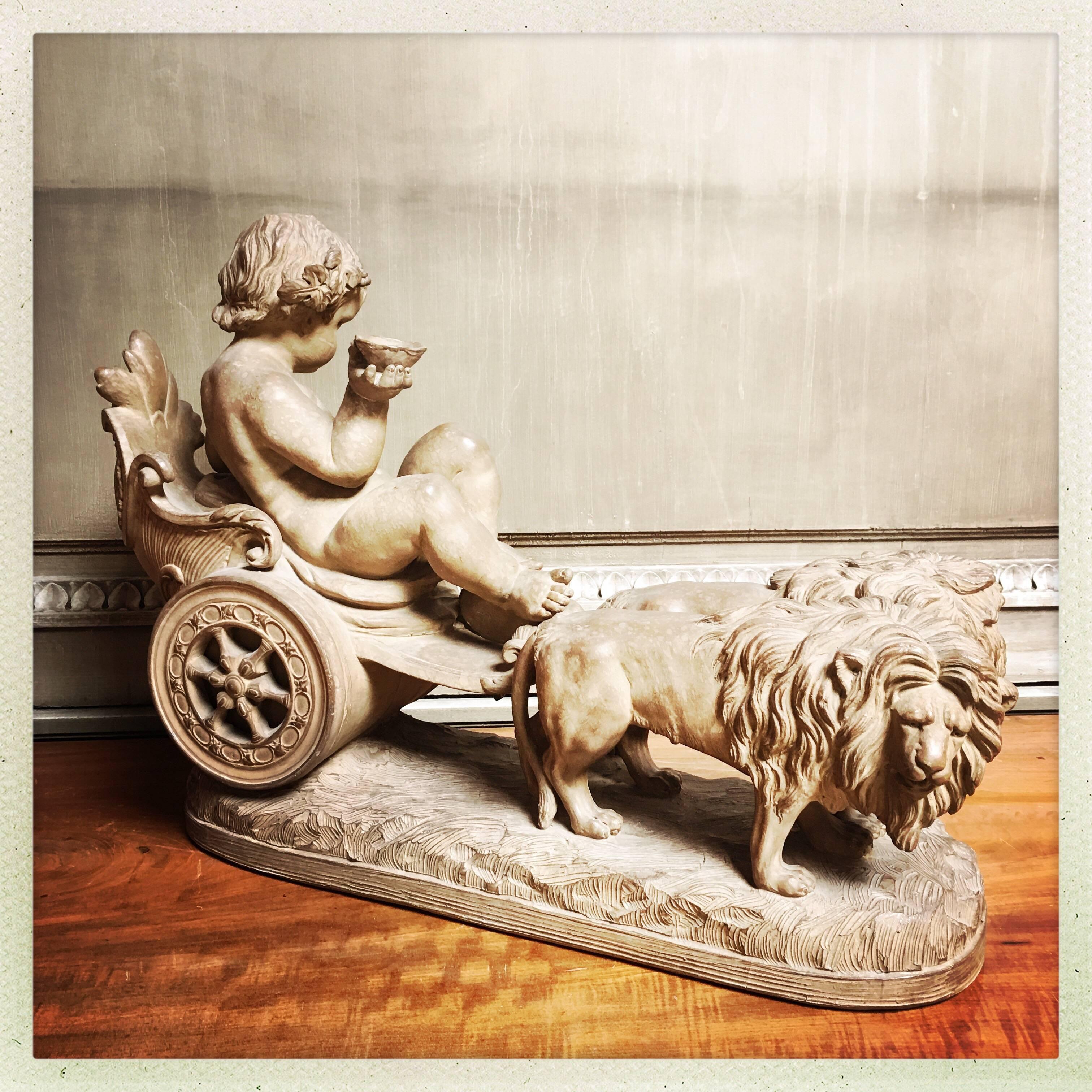 French Terracotta Bachanal Figure in Lion Drawn Chariot In Good Condition In Dallas, TX