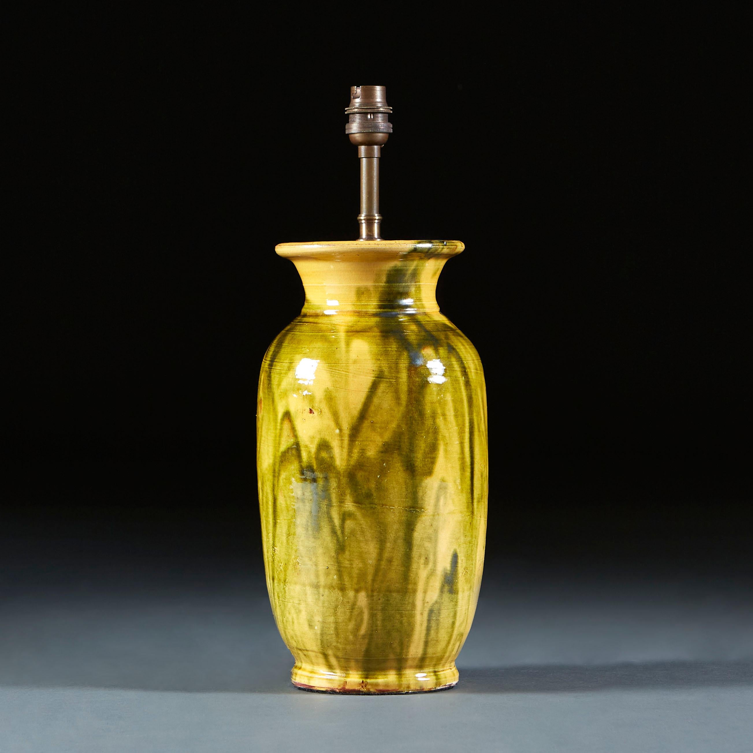French Terracotta Vase with Green and Yellow Glaze as a Lamp In Good Condition In London, GB