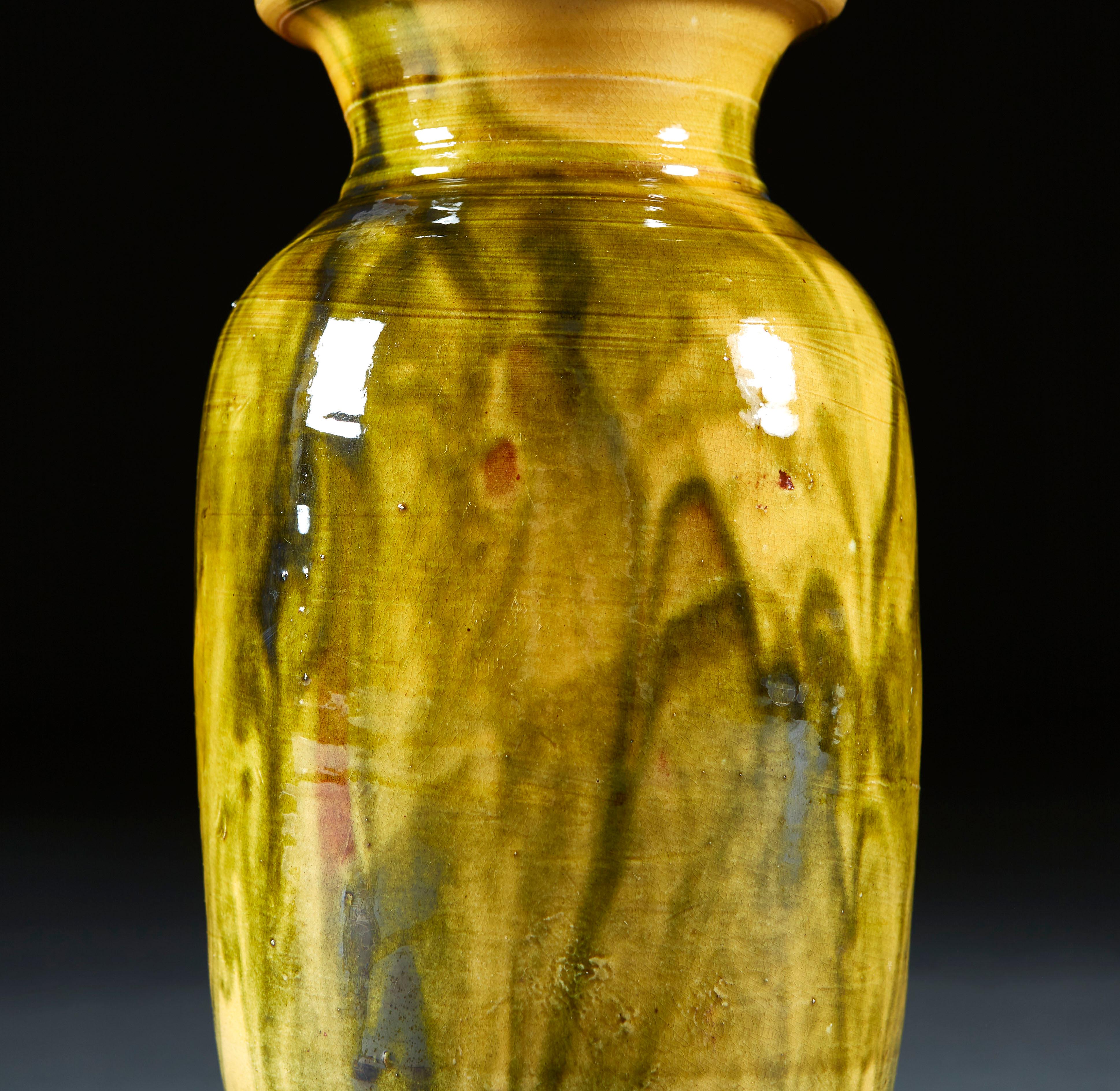 Ceramic French Terracotta Vase with Green and Yellow Glaze as a Lamp