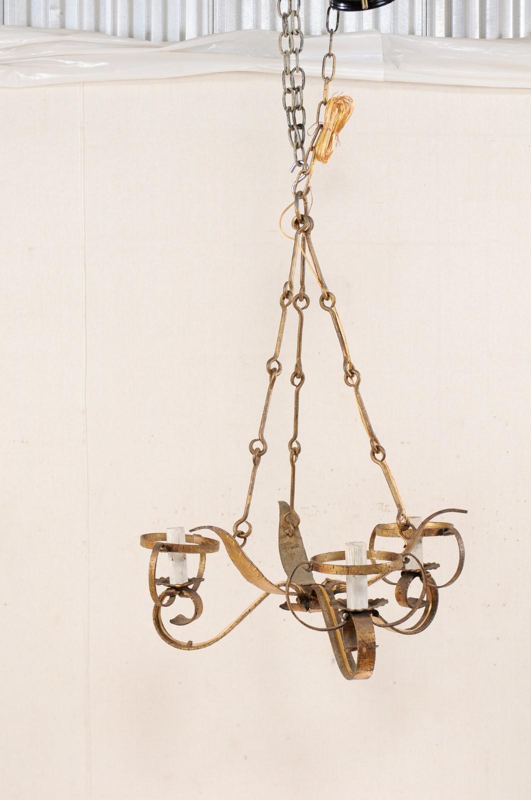 French Three-Light Gold Tone Iron Chandelier in Leaf Motif In Good Condition For Sale In Atlanta, GA