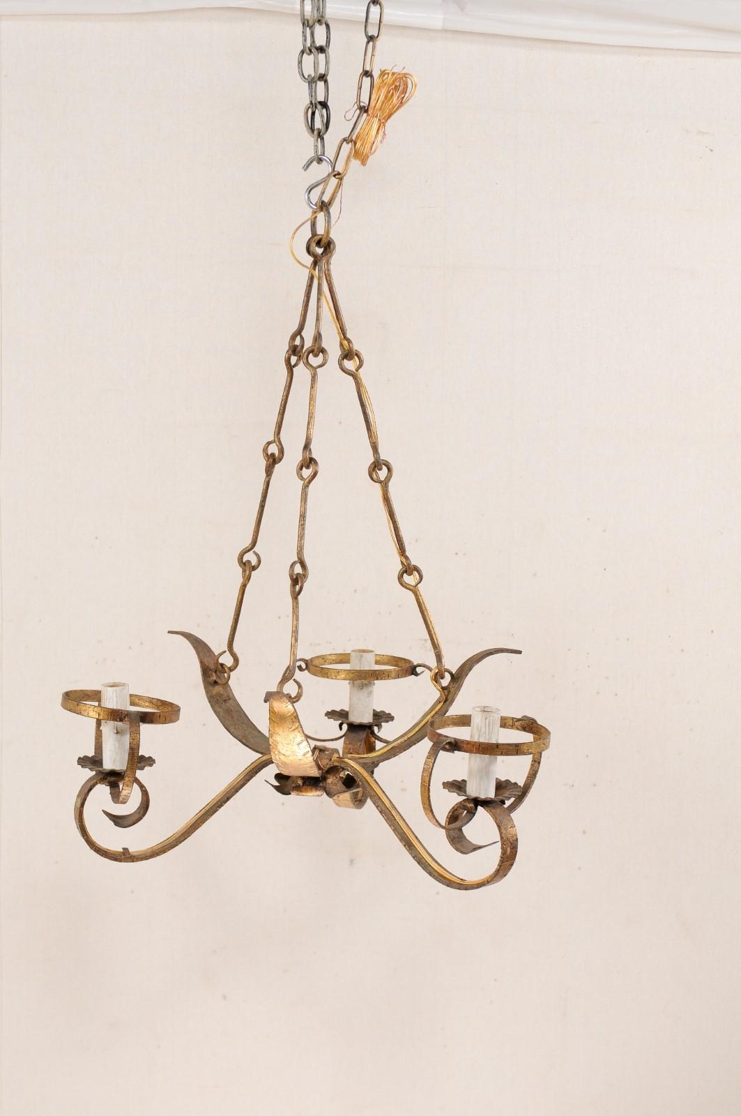 20th Century French Three-Light Gold Tone Iron Chandelier in Leaf Motif For Sale