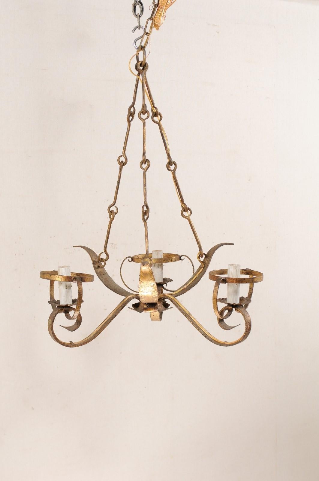 French Three-Light Gold Tone Iron Chandelier in Leaf Motif For Sale 1