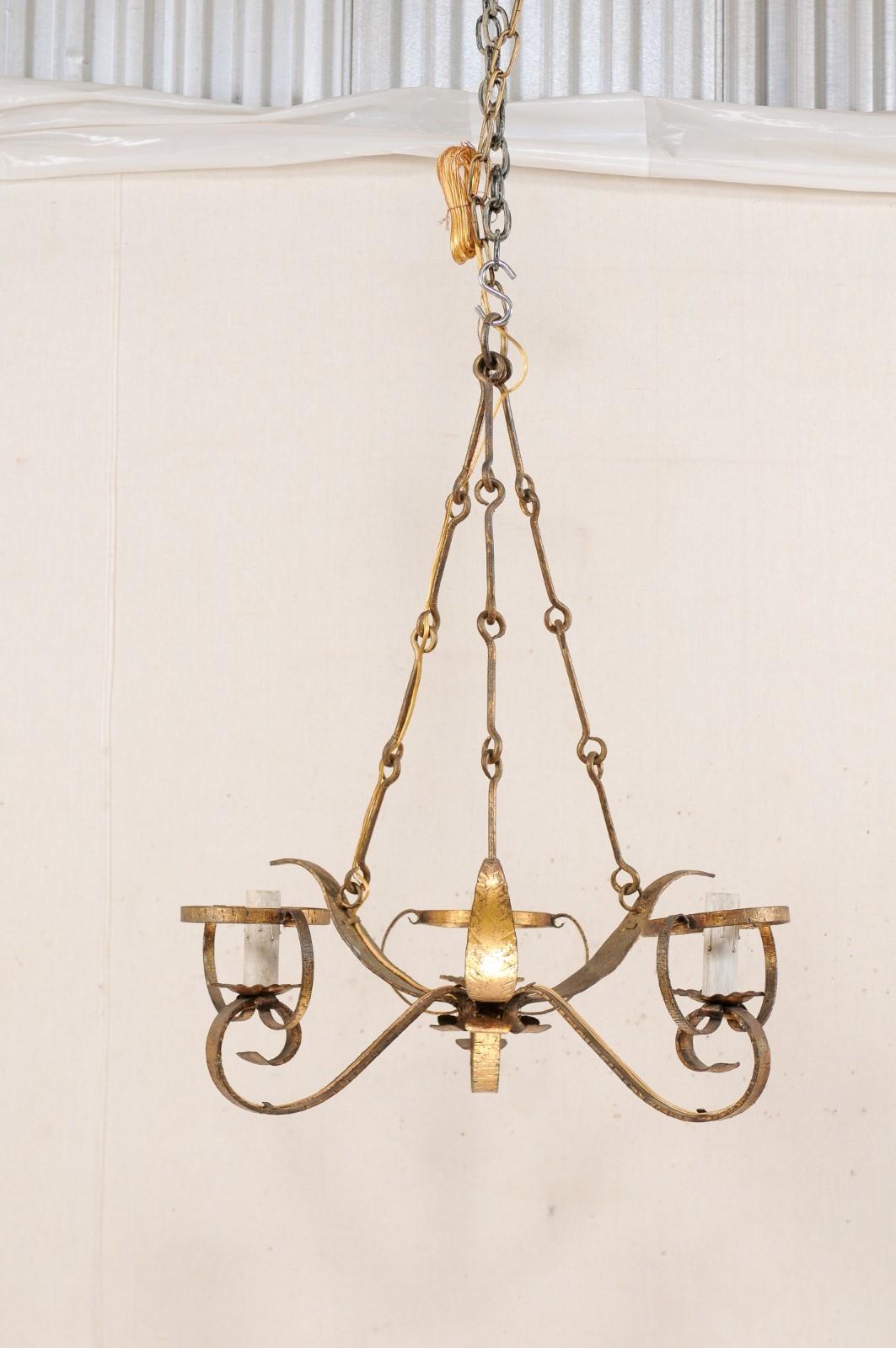 French Three-Light Gold Tone Iron Chandelier in Leaf Motif For Sale 2