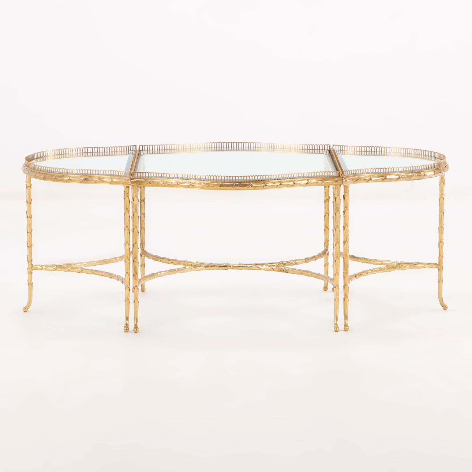 Mid-Century Modern A French three-Part Gilt bronze, Glass Coffee Table attributed to Bagues C 1965