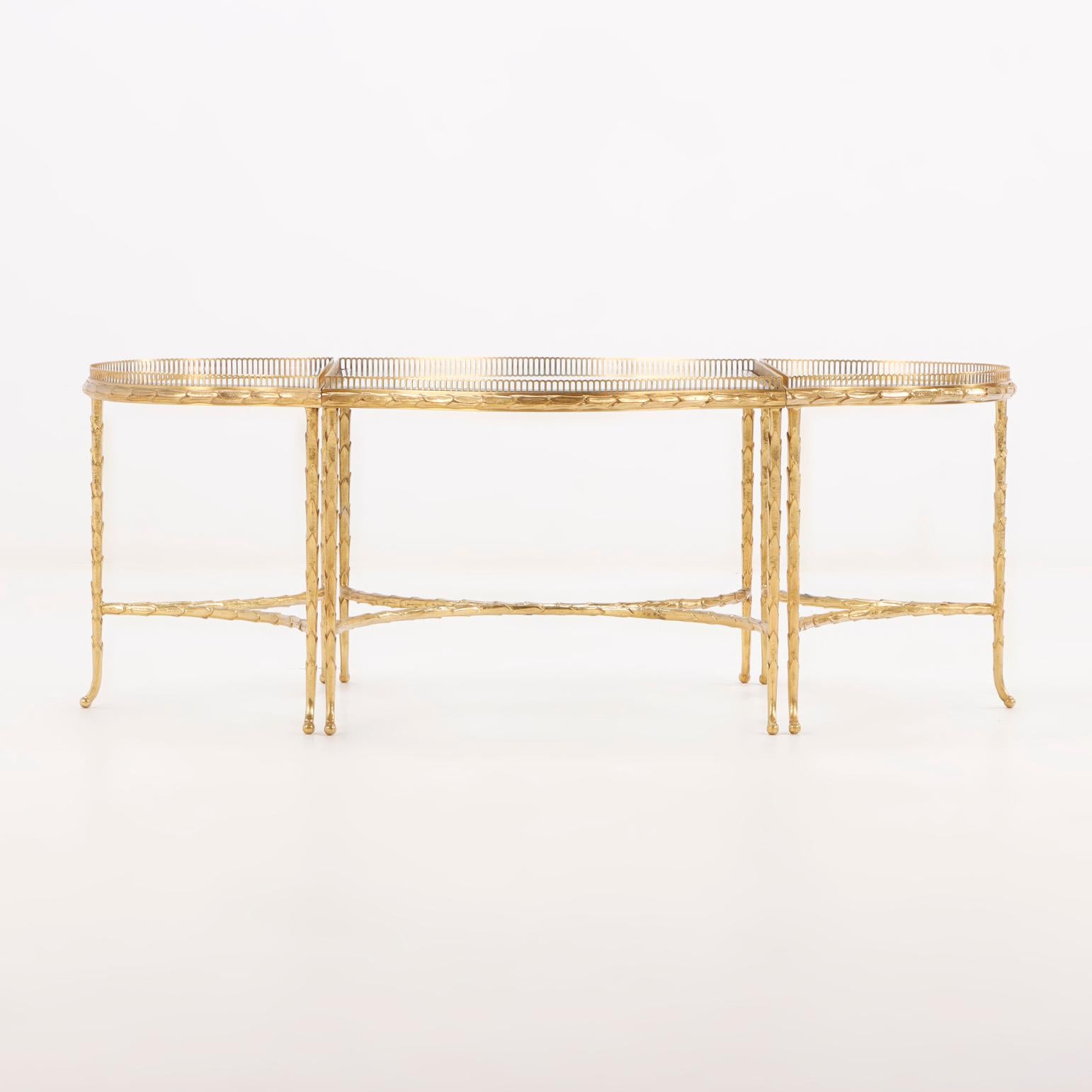 A French three-Part Gilt bronze, Glass Coffee Table attributed to Bagues C 1965 In Good Condition In Philadelphia, PA
