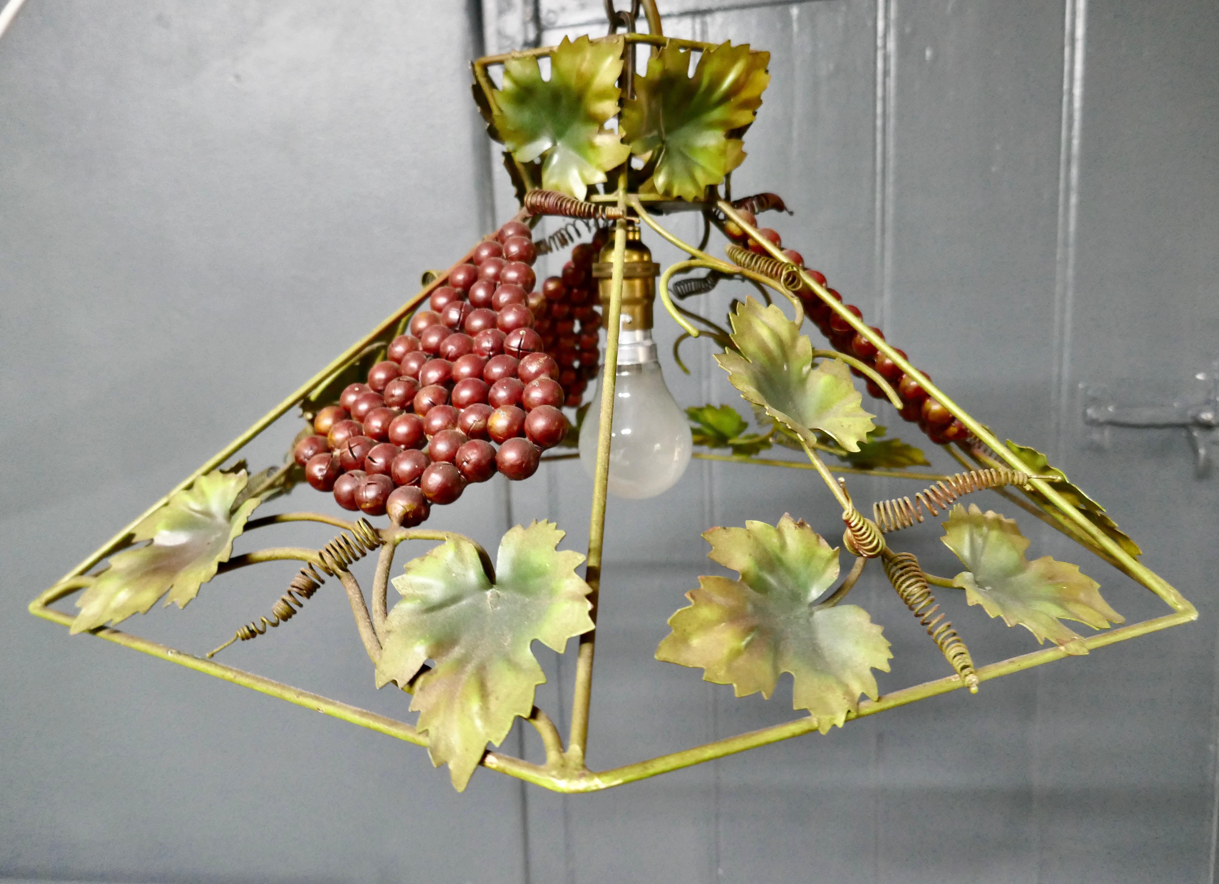 Folk Art French Toleware Bistro Ceiling Light, Decorated with Vines For Sale