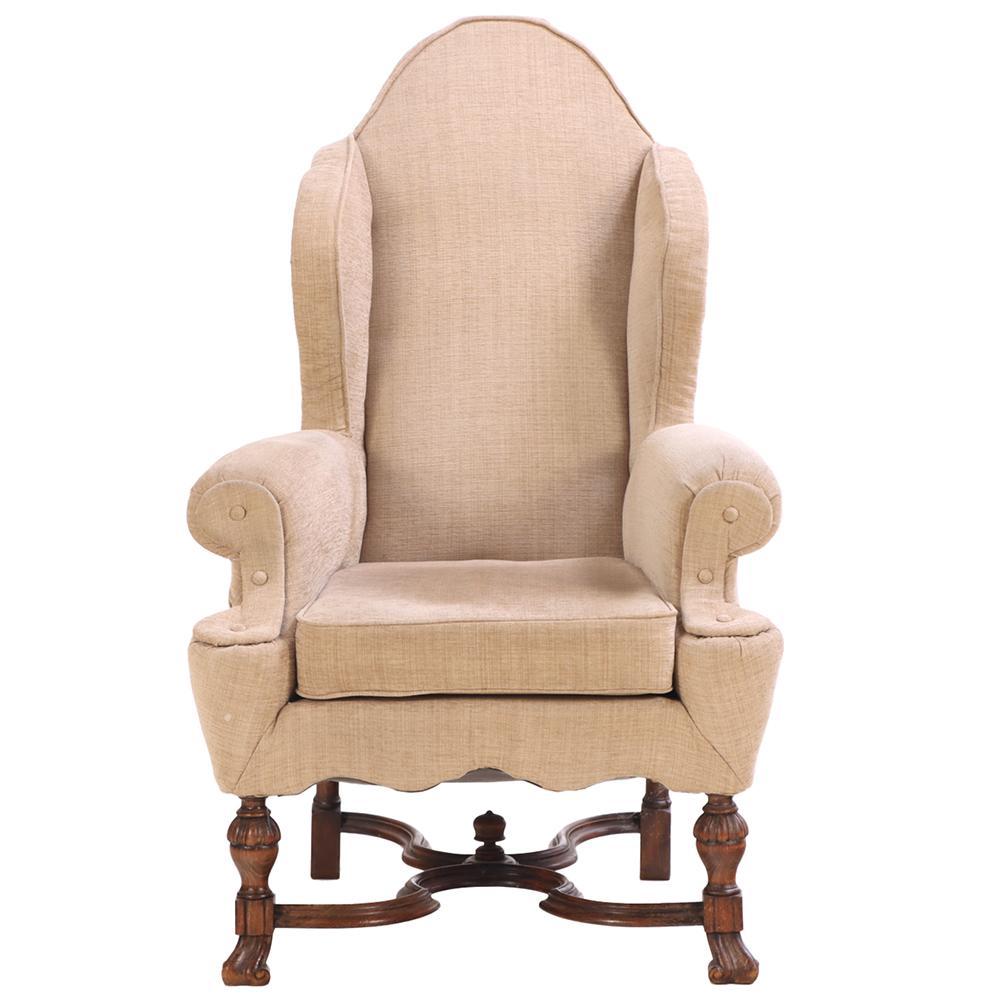 Upholstery A French Tudor Style Walnut Wing Chair, C. 1900. For Sale